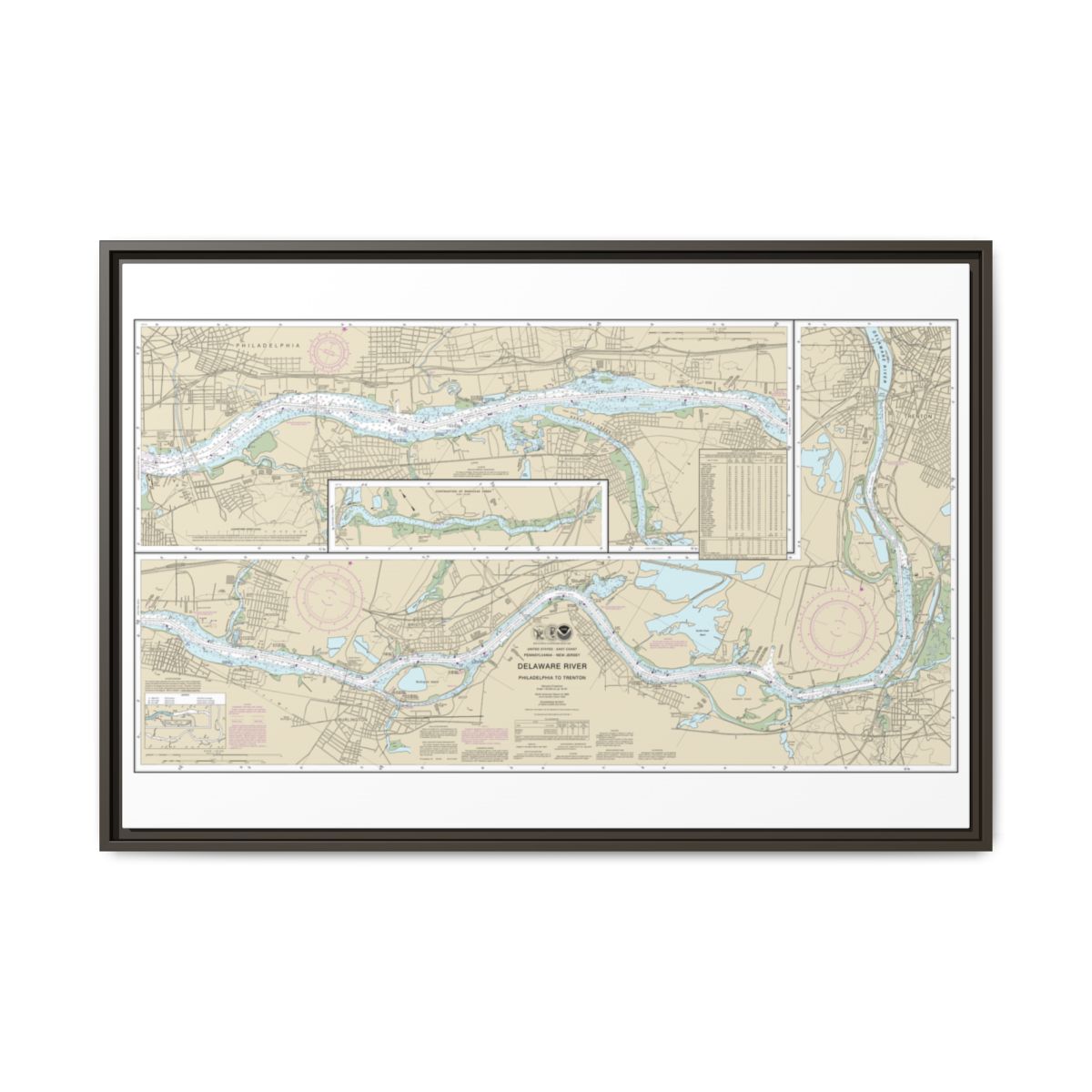 Chart 12314 Delaware River Philadelphia to Trenton - NOAA Nautical Chart Floating Frame Canvas | 30" x 20" | 36" x 24" | 48" x 32" - Espresso front
