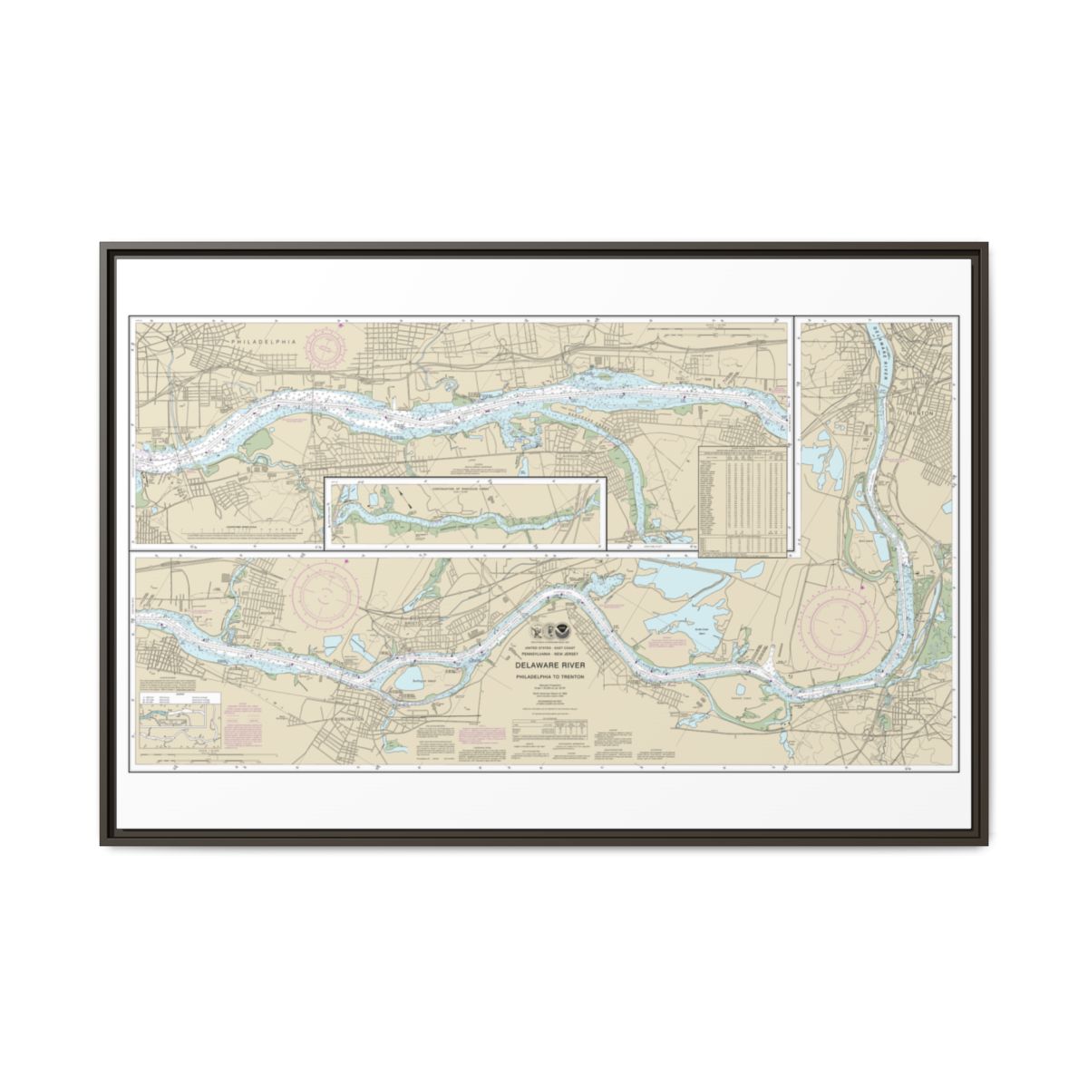 Chart 12314 Delaware River Philadelphia to Trenton - NOAA Nautical Chart Floating Frame Canvas | 30" x 20" | 36" x 24" | 48" x 32" - Espresso front