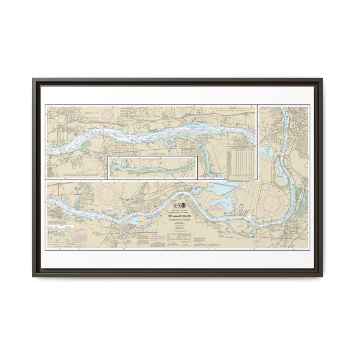 Chart 12314 Delaware River Philadelphia to Trenton - NOAA Nautical Chart Floating Frame Canvas | 30" x 20" | 36" x 24" | 48" x 32" - Espresso front