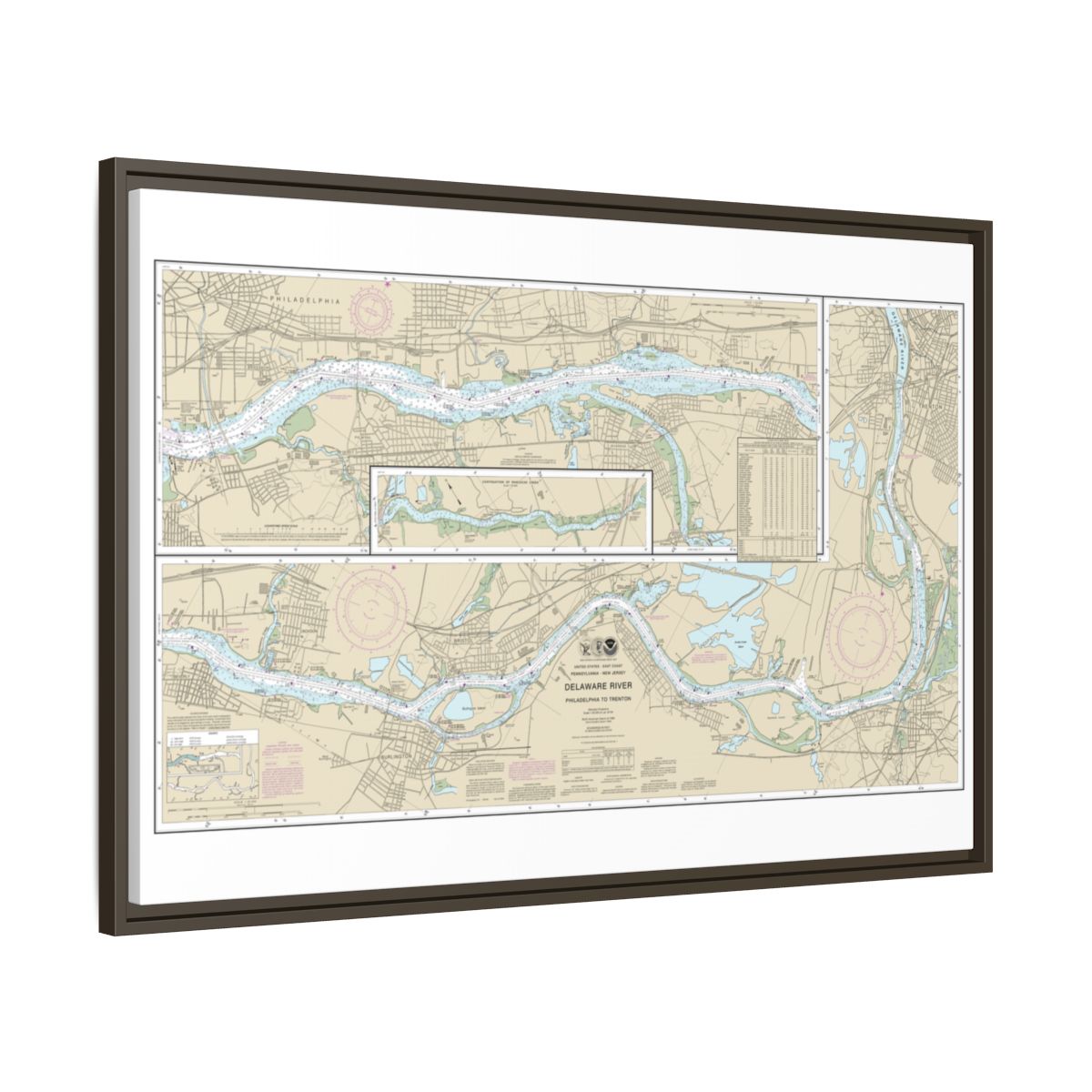 Chart 12314 Delaware River Philadelphia to Trenton - NOAA Nautical Chart Floating Frame Canvas | 30" x 20" | 36" x 24" | 48" x 32" - Espresso side