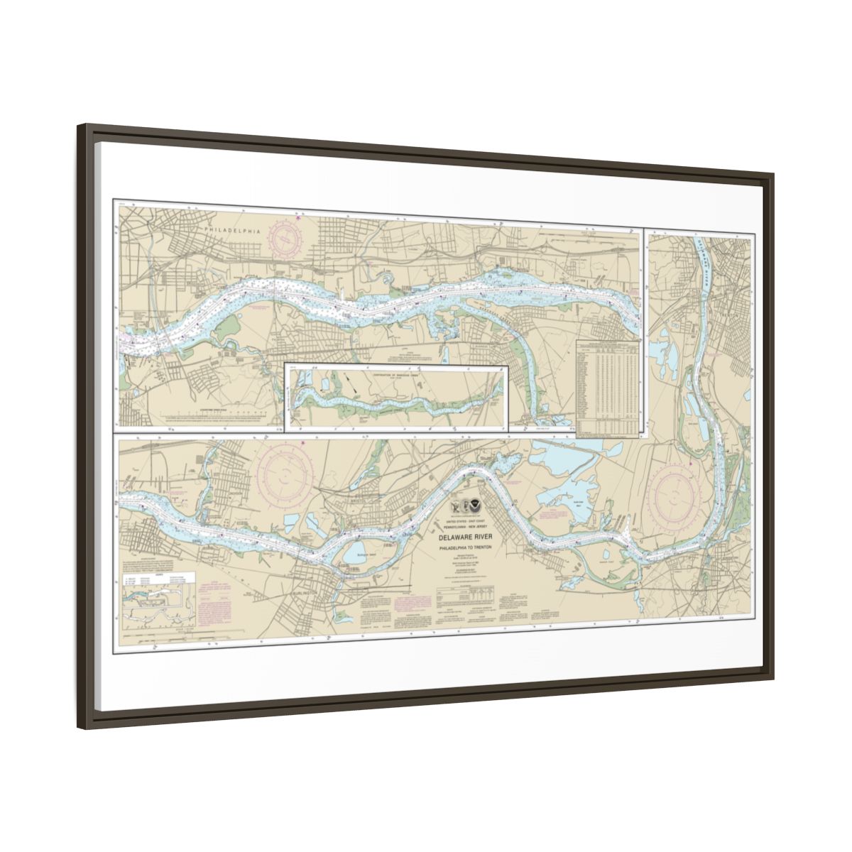 Chart 12314 Delaware River Philadelphia to Trenton - NOAA Nautical Chart Floating Frame Canvas | 30" x 20" | 36" x 24" | 48" x 32" - Espresso side