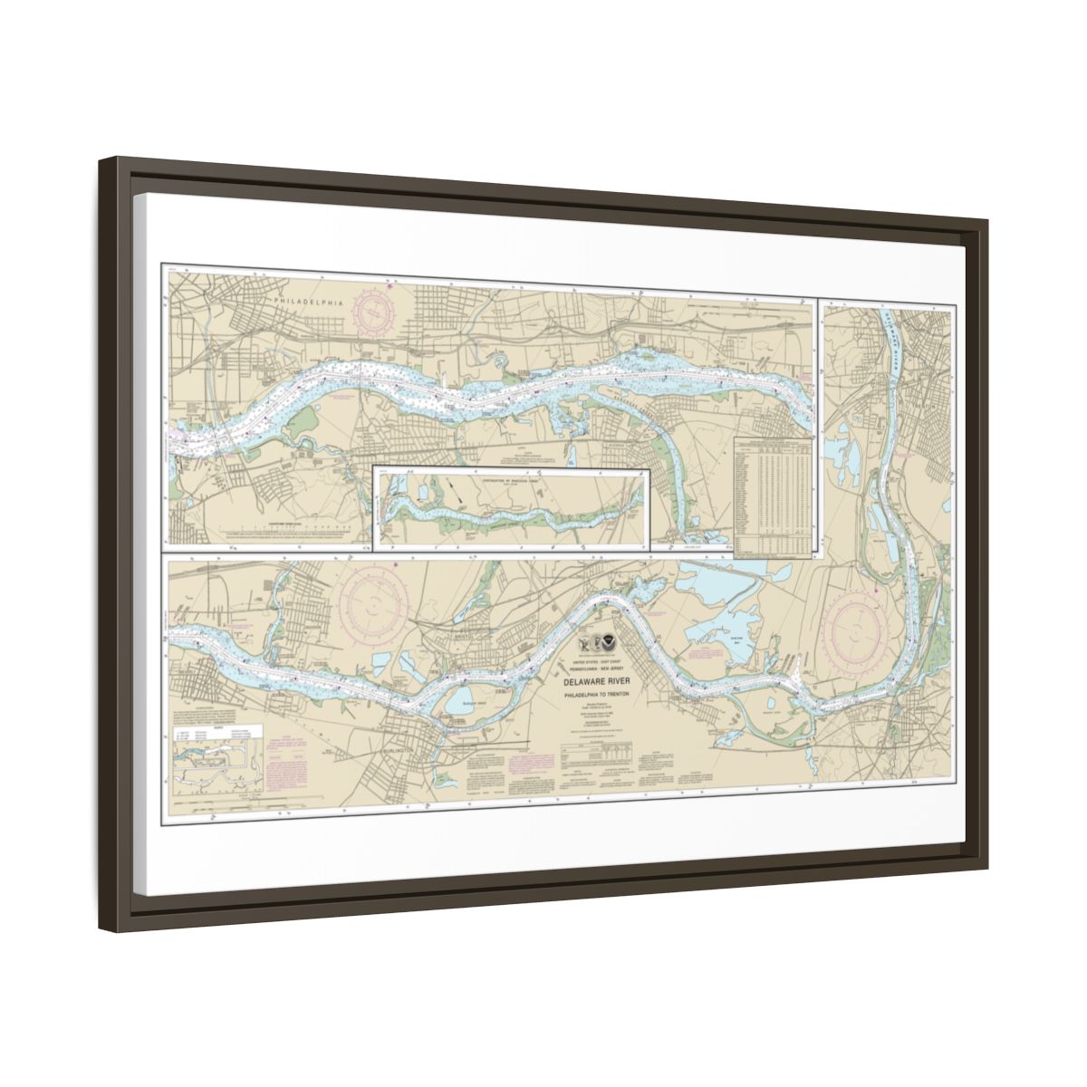 Chart 12314 Delaware River Philadelphia to Trenton - NOAA Nautical Chart Floating Frame Canvas | 30" x 20" | 36" x 24" | 48" x 32" - Espresso side