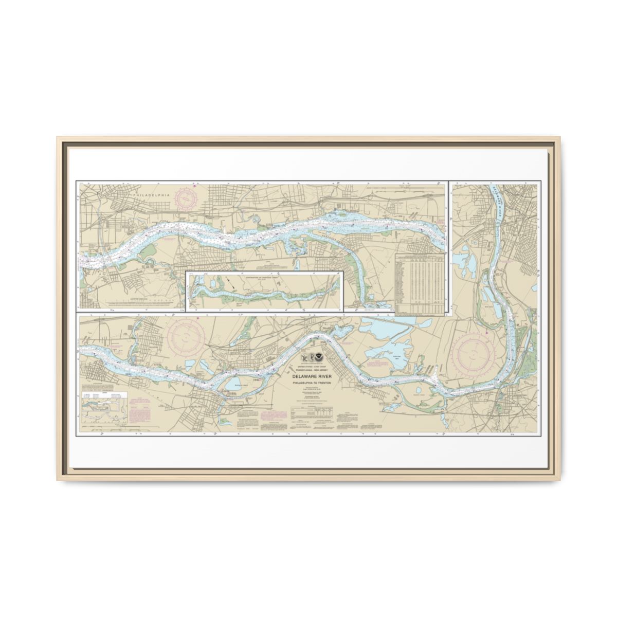 Chart 12314 Delaware River Philadelphia to Trenton - NOAA Nautical Chart Floating Frame Canvas | 30" x 20" | 36" x 24" | 48" x 32" - Natural front