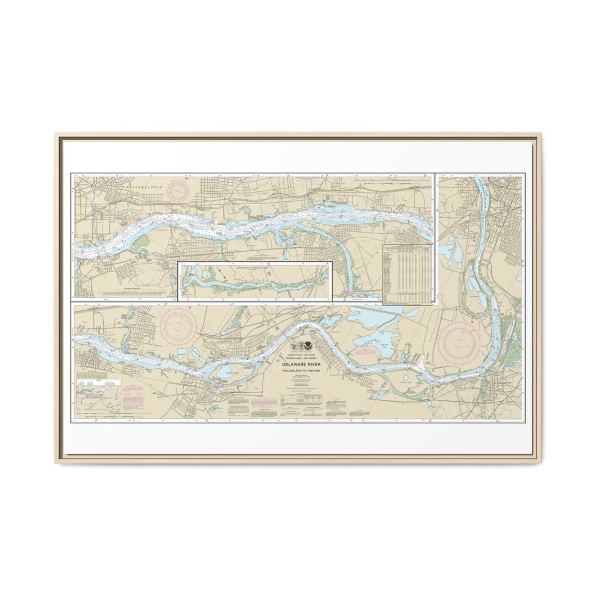 Chart 12314 Delaware River Philadelphia to Trenton - NOAA Nautical Chart Floating Frame Canvas | 30" x 20" | 36" x 24" | 48" x 32" - Natural front