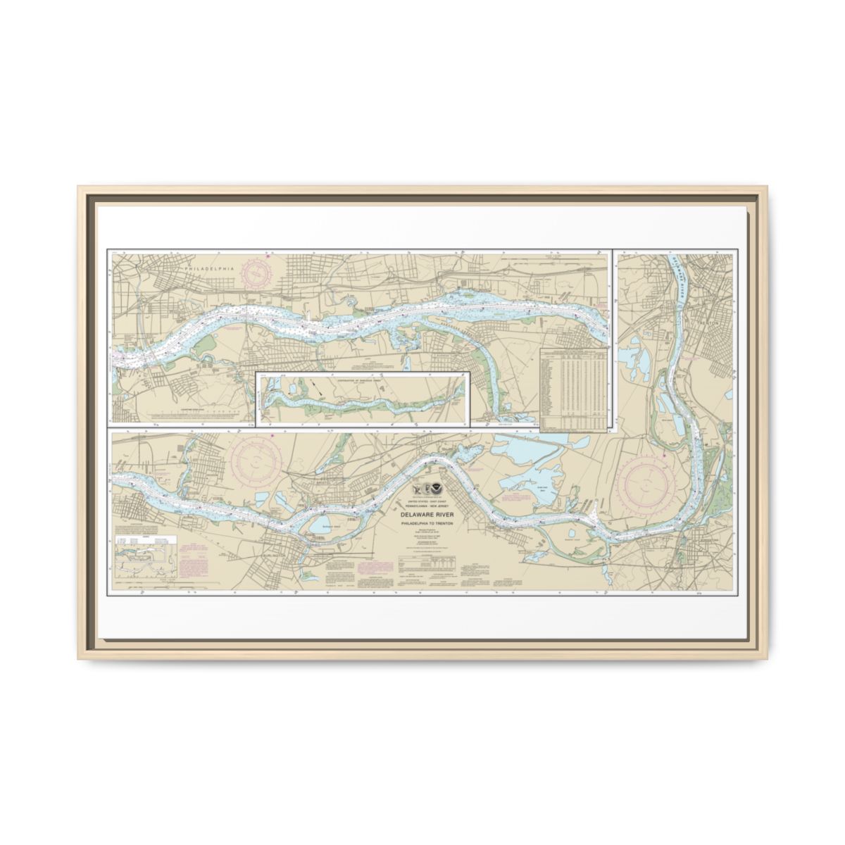 Chart 12314 Delaware River Philadelphia to Trenton - NOAA Nautical Chart Floating Frame Canvas | 30" x 20" | 36" x 24" | 48" x 32" - Natural front