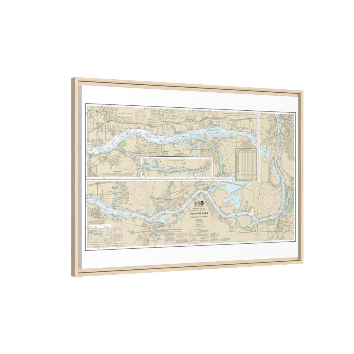 Chart 12314 Delaware River Philadelphia to Trenton - NOAA Nautical Chart Floating Frame Canvas | 30" x 20" | 36" x 24" | 48" x 32" - Natural side
