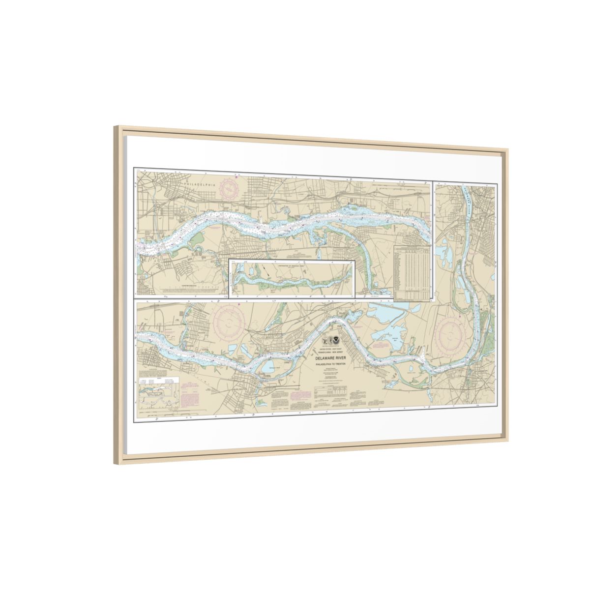 Chart 12314 Delaware River Philadelphia to Trenton - NOAA Nautical Chart Floating Frame Canvas | 30" x 20" | 36" x 24" | 48" x 32" - Natural side