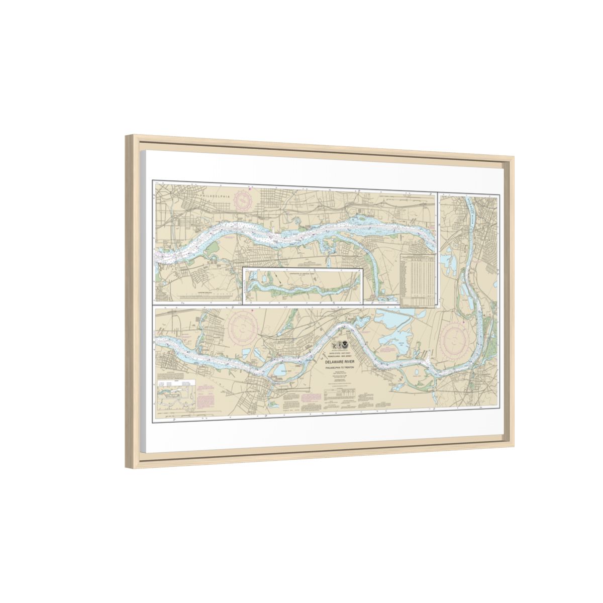 Chart 12314 Delaware River Philadelphia to Trenton - NOAA Nautical Chart Floating Frame Canvas | 30" x 20" | 36" x 24" | 48" x 32" - Natural side