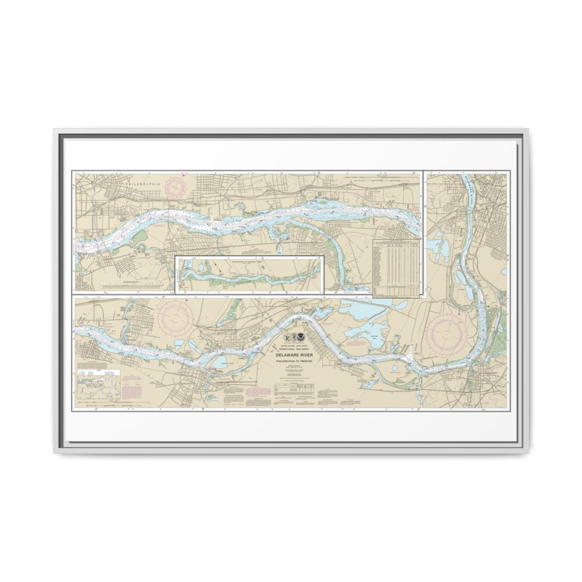 Chart 12314 Delaware River Philadelphia to Trenton - NOAA Nautical Chart Floating Frame Canvas | 30" x 20" | 36" x 24" | 48" x 32" - White front