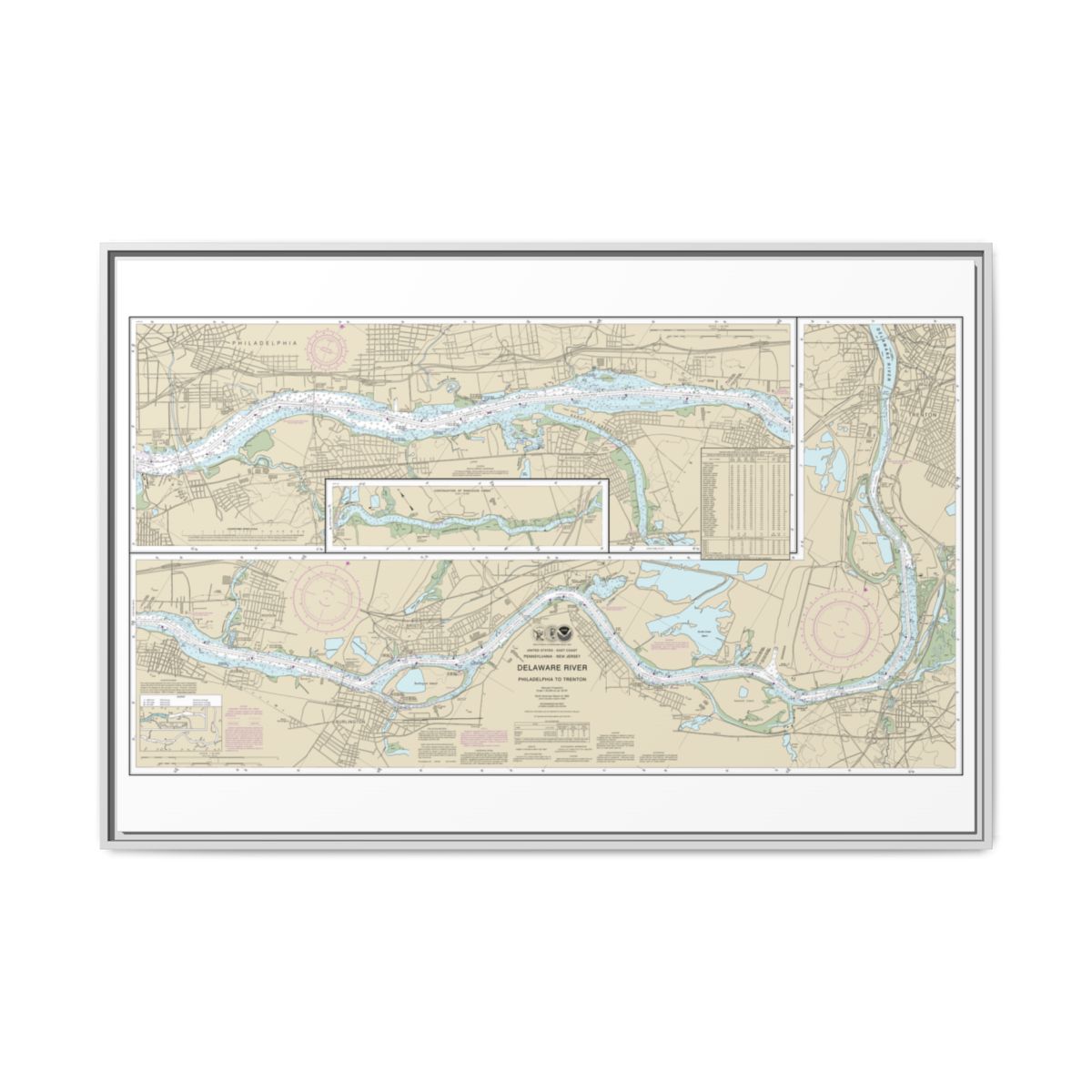 Chart 12314 Delaware River Philadelphia to Trenton - NOAA Nautical Chart Floating Frame Canvas | 30" x 20" | 36" x 24" | 48" x 32" - White front