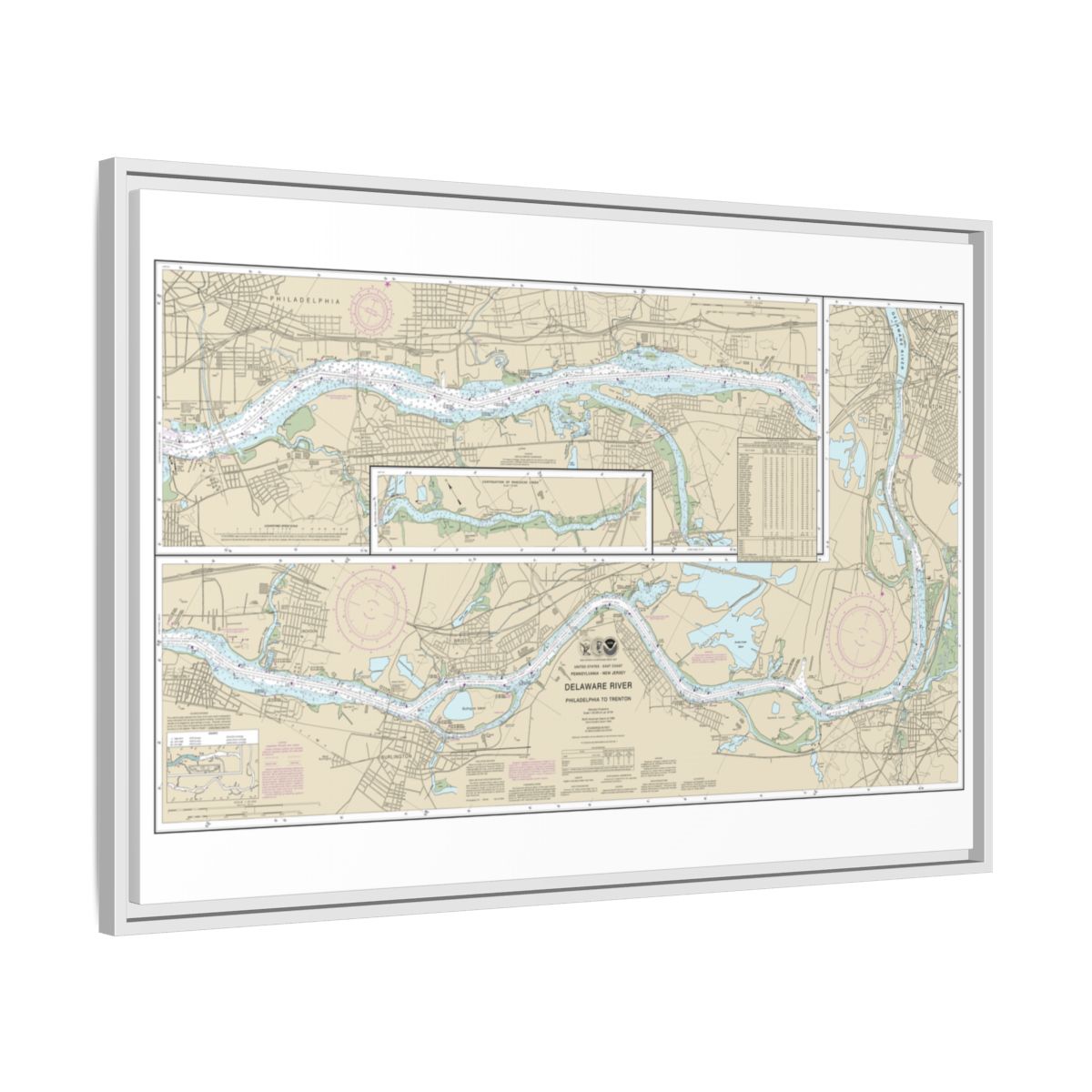 Chart 12314 Delaware River Philadelphia to Trenton - NOAA Nautical Chart Floating Frame Canvas | 30" x 20" | 36" x 24" | 48" x 32" - White side
