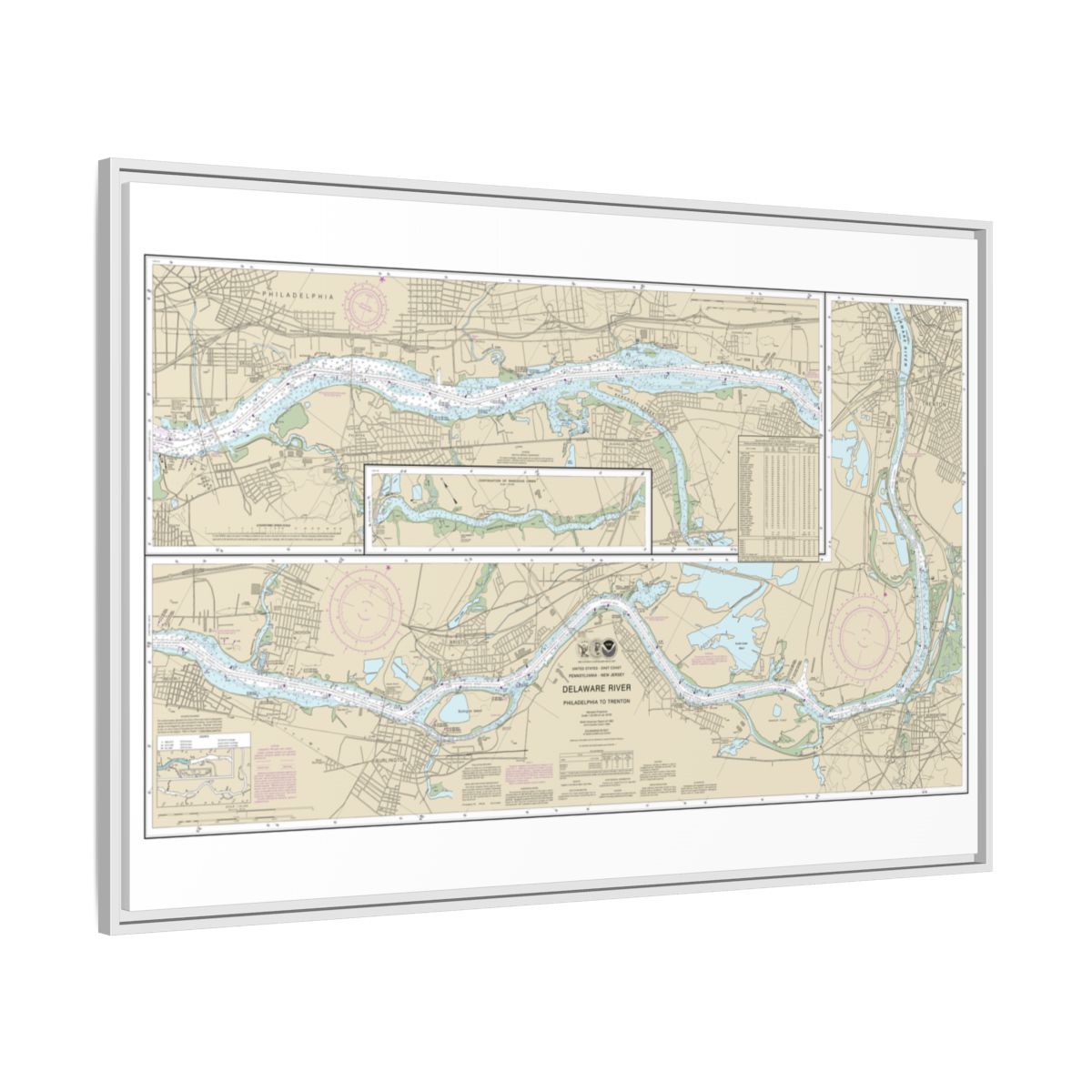 Chart 12314 Delaware River Philadelphia to Trenton - NOAA Nautical Chart Floating Frame Canvas | 30" x 20" | 36" x 24" | 48" x 32" - White side