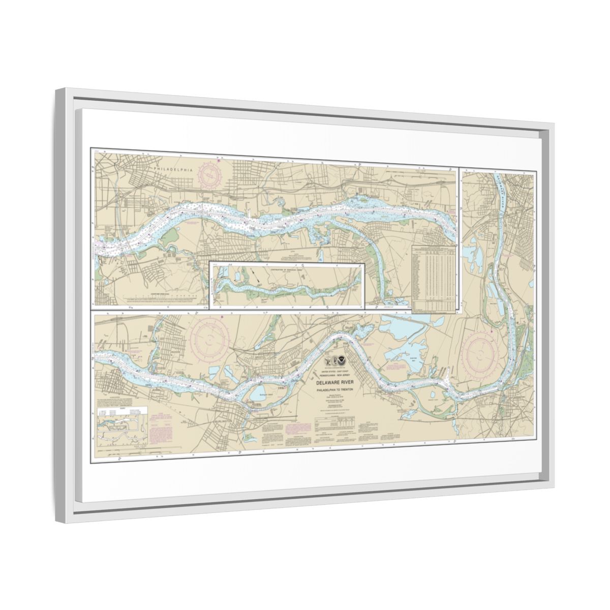 Chart 12314 Delaware River Philadelphia to Trenton - NOAA Nautical Chart Floating Frame Canvas | 30" x 20" | 36" x 24" | 48" x 32" - White side