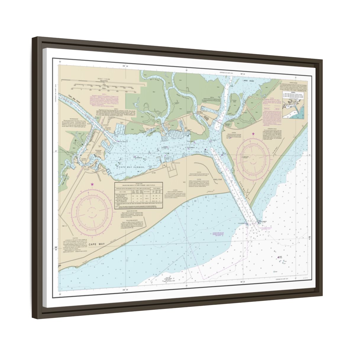 Chart 12317 Cape May Harbor - NOAA Nautical Chart Floating Frame Canvas | 32" x 24" | 40" x 30" - Espresso side