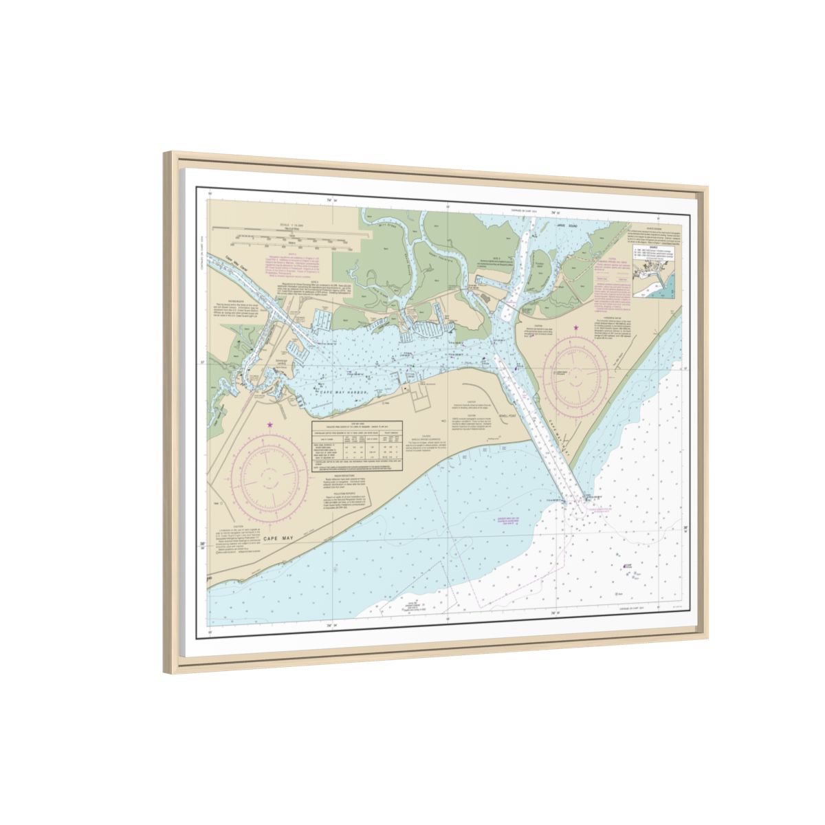 Chart 12317 Cape May Harbor - NOAA Nautical Chart Floating Frame Canvas | 32" x 24" | 40" x 30" - Natural side