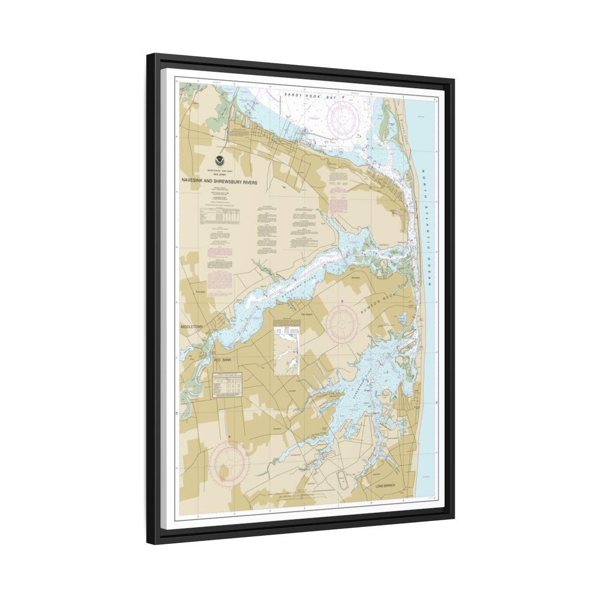 Chart 12325 Navesink And Shrewsbury Rivers - NOAA Nautical Chart Floating Frame Canvas | 24" x 32" | 30" x 40" - Black side