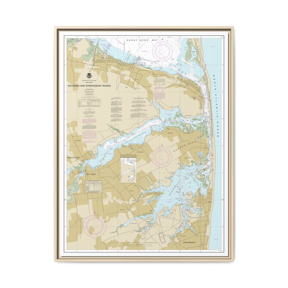 Chart 12325 Navesink And Shrewsbury Rivers - NOAA Nautical Chart Floating Frame Canvas | 24" x 32" | 30" x 40" - Natural front