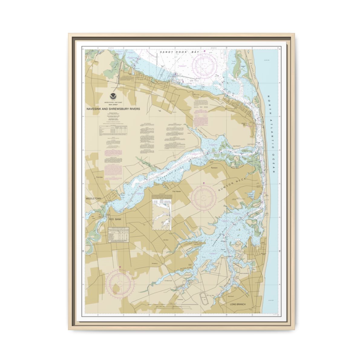 Chart 12325 Navesink And Shrewsbury Rivers - NOAA Nautical Chart Floating Frame Canvas | 24" x 32" | 30" x 40" - Natural front