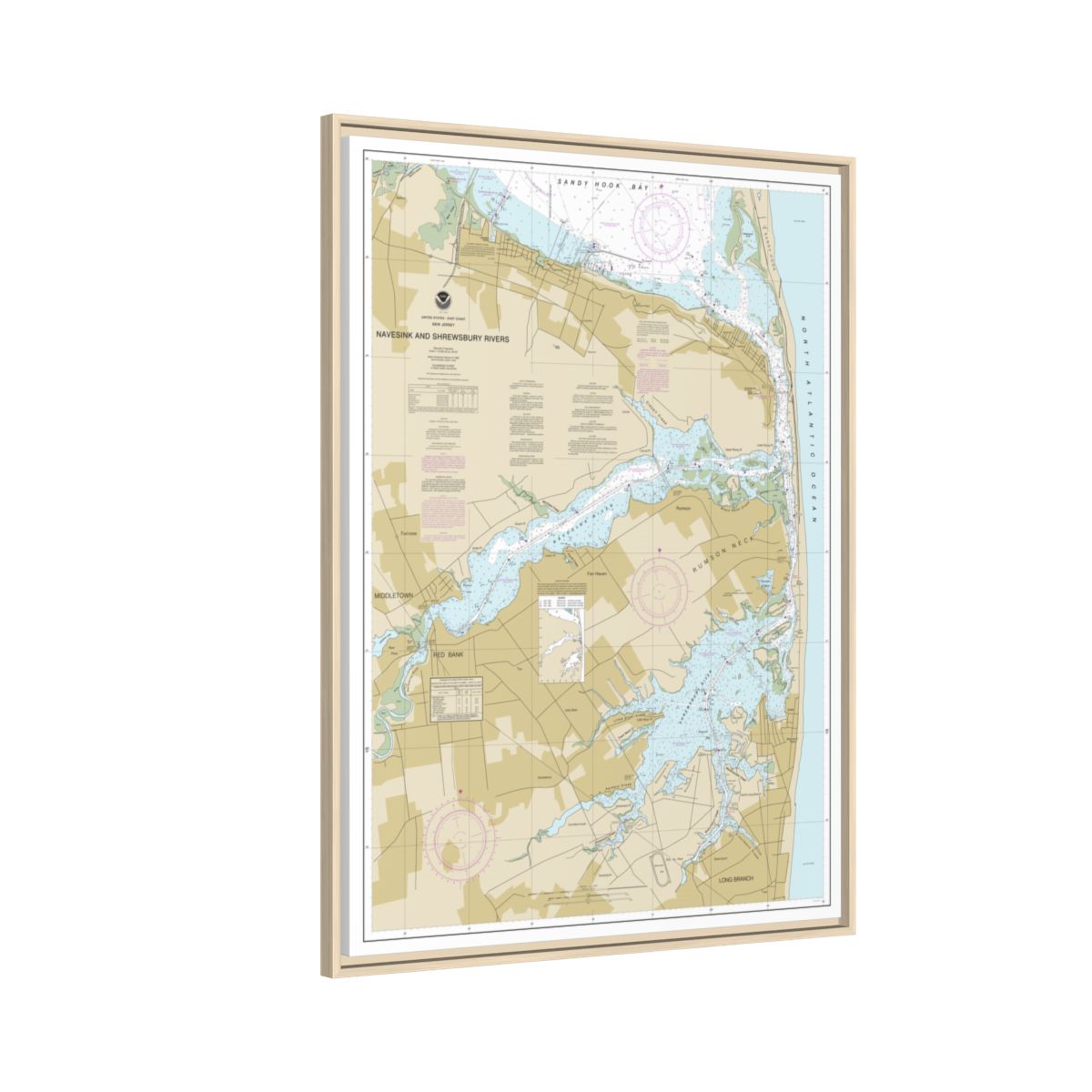 Chart 12325 Navesink And Shrewsbury Rivers - NOAA Nautical Chart Floating Frame Canvas | 24" x 32" | 30" x 40" - Natural side