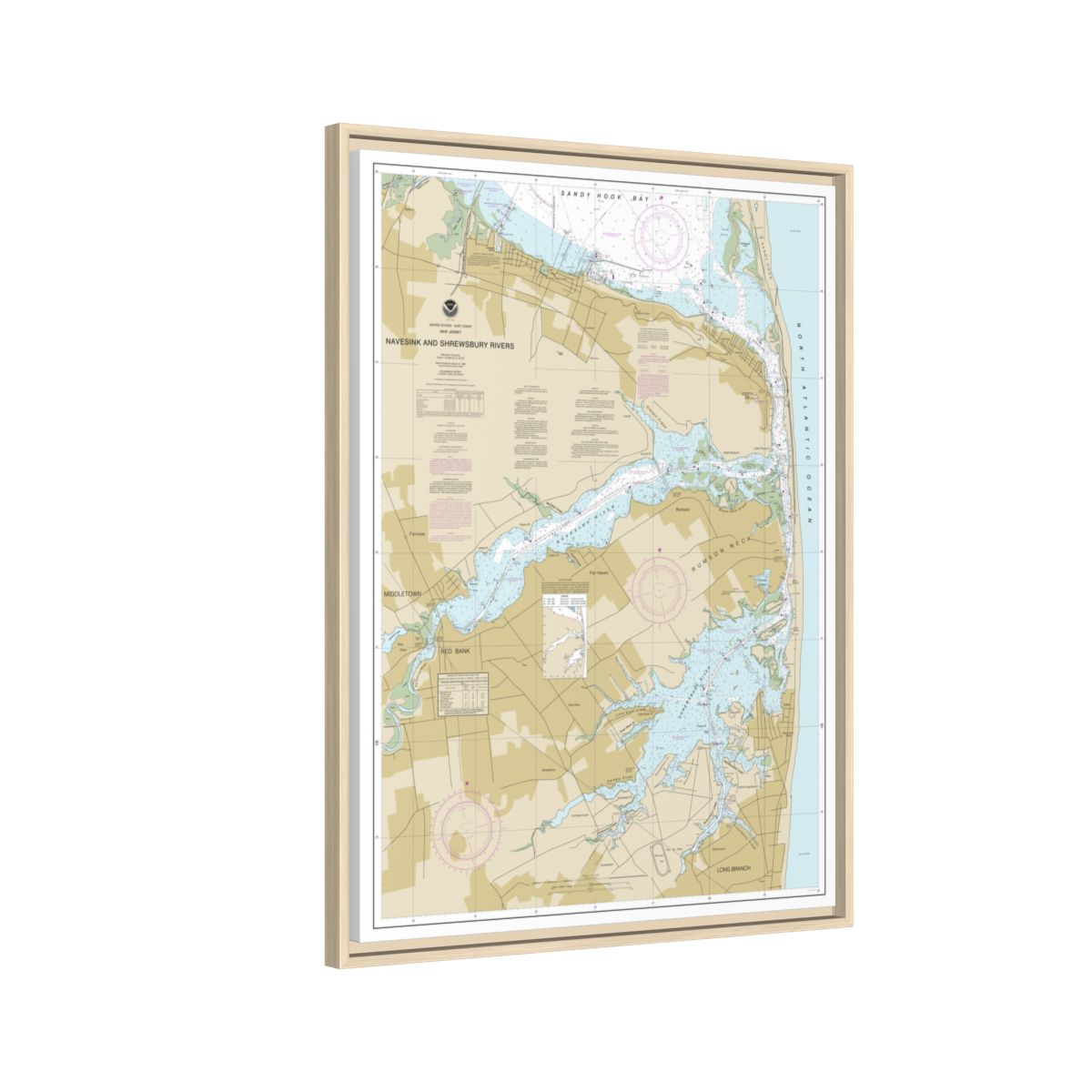 Chart 12325 Navesink And Shrewsbury Rivers - NOAA Nautical Chart Floating Frame Canvas | 24" x 32" | 30" x 40" - Natural side