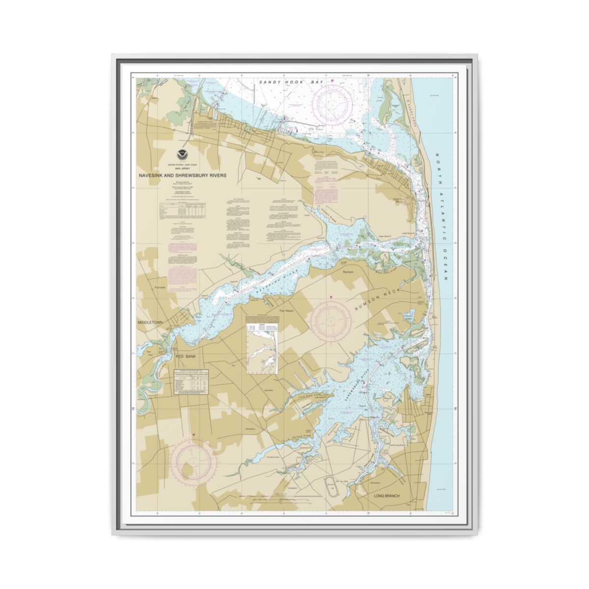 Chart 12325 Navesink And Shrewsbury Rivers - NOAA Nautical Chart Floating Frame Canvas | 24" x 32" | 30" x 40" - White front