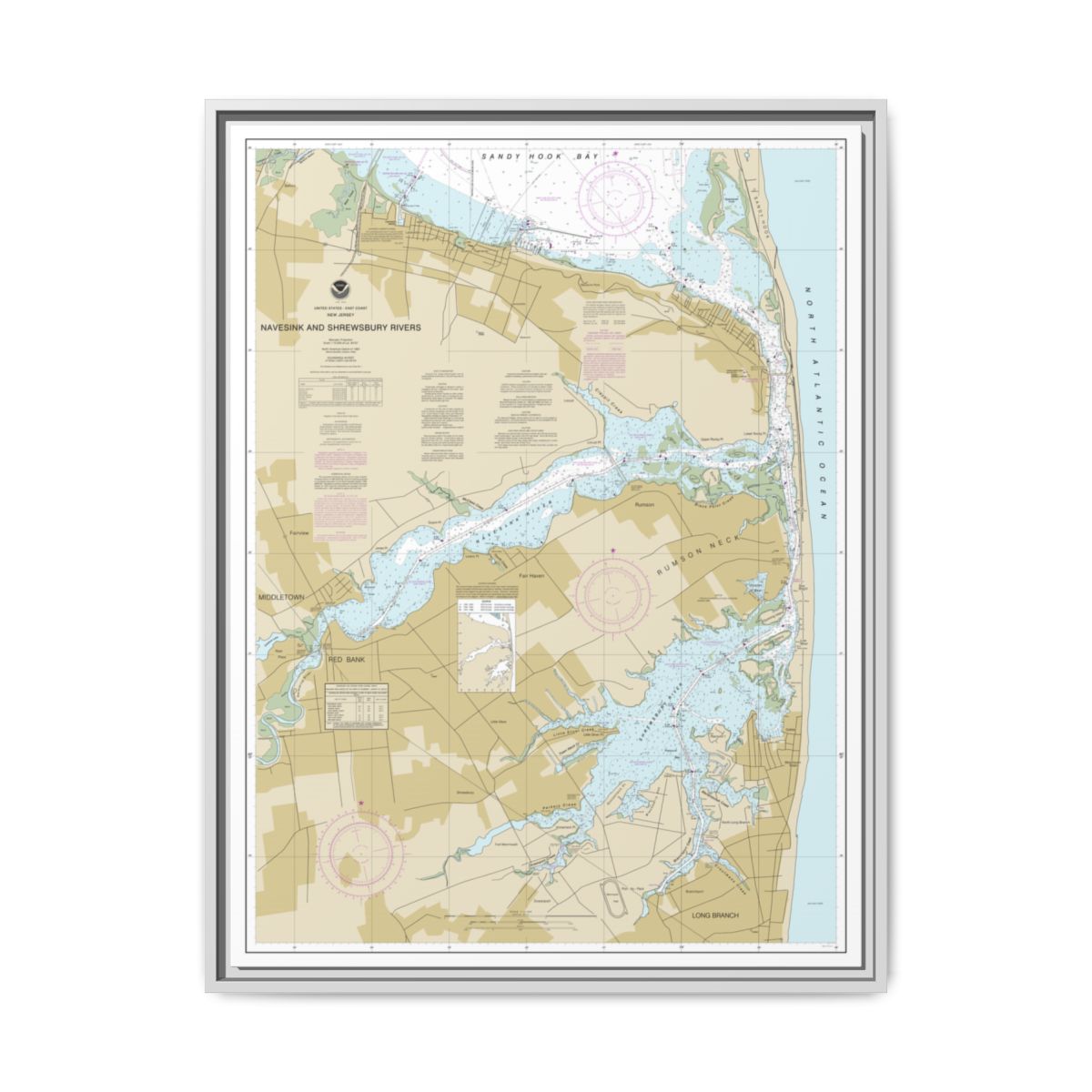 Chart 12325 Navesink And Shrewsbury Rivers - NOAA Nautical Chart Floating Frame Canvas | 24" x 32" | 30" x 40" - White front