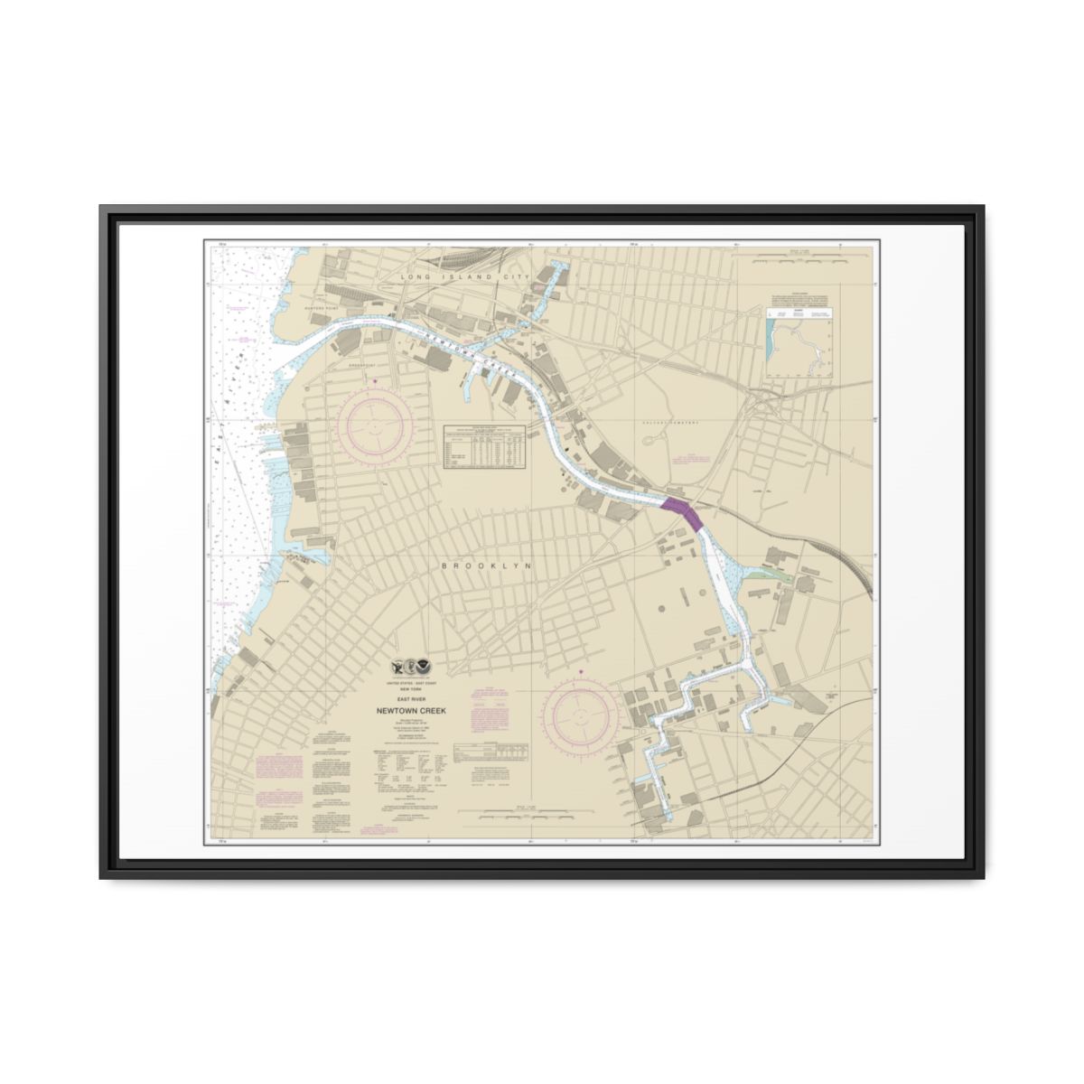 Chart 12338 East River Newtown Creek - NOAA Nautical Chart Floating Frame Canvas | 32" x 24" | 40" x 30" - Black front