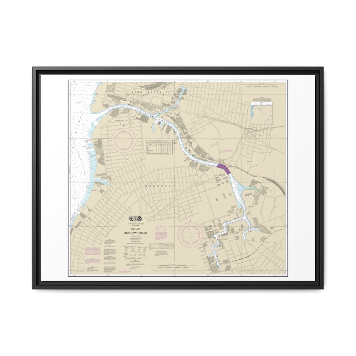 Chart 12338 East River Newtown Creek - NOAA Nautical Chart Floating Frame Canvas | 32" x 24" | 40" x 30" - Black front