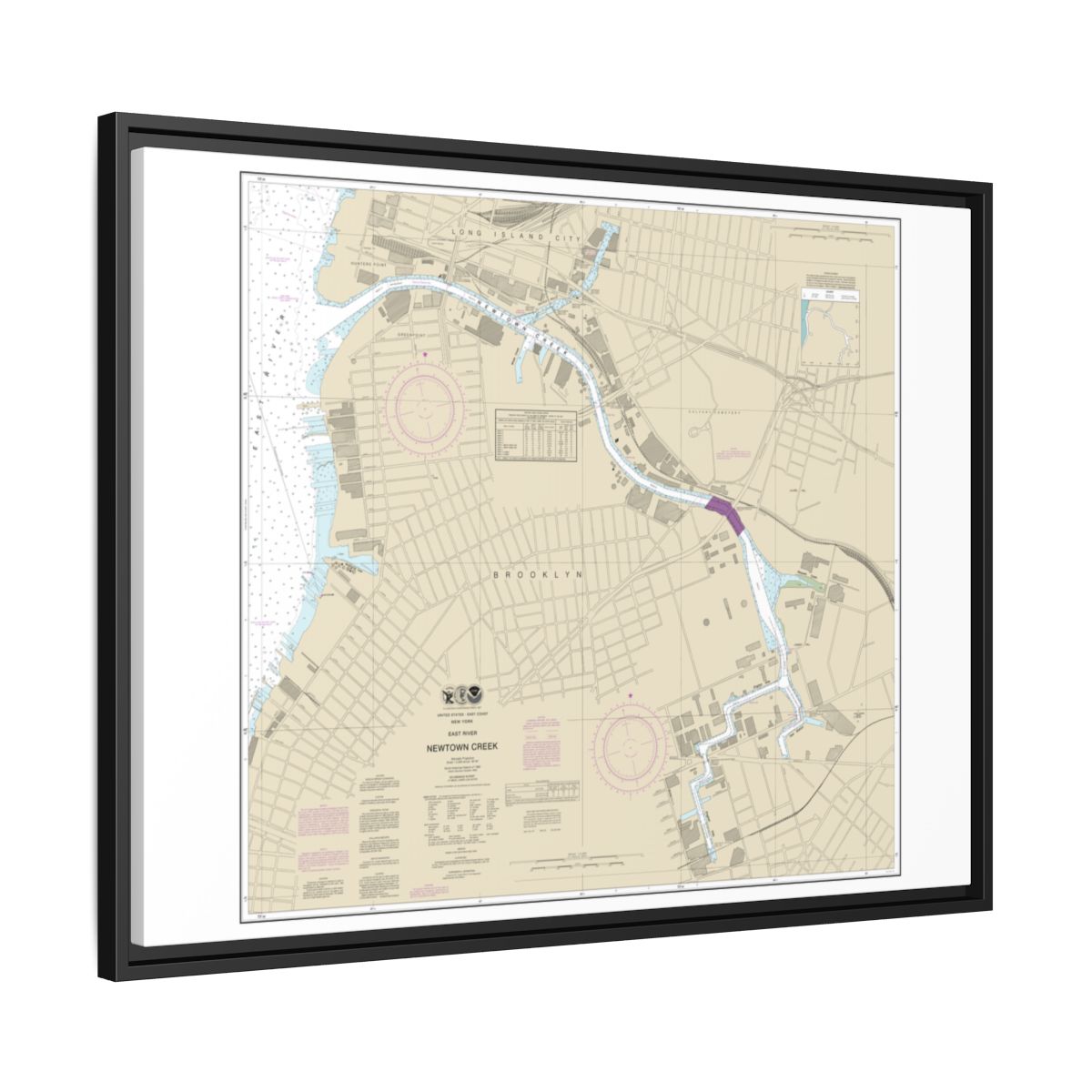 Chart 12338 East River Newtown Creek - NOAA Nautical Chart Floating Frame Canvas | 32" x 24" | 40" x 30" - Black side