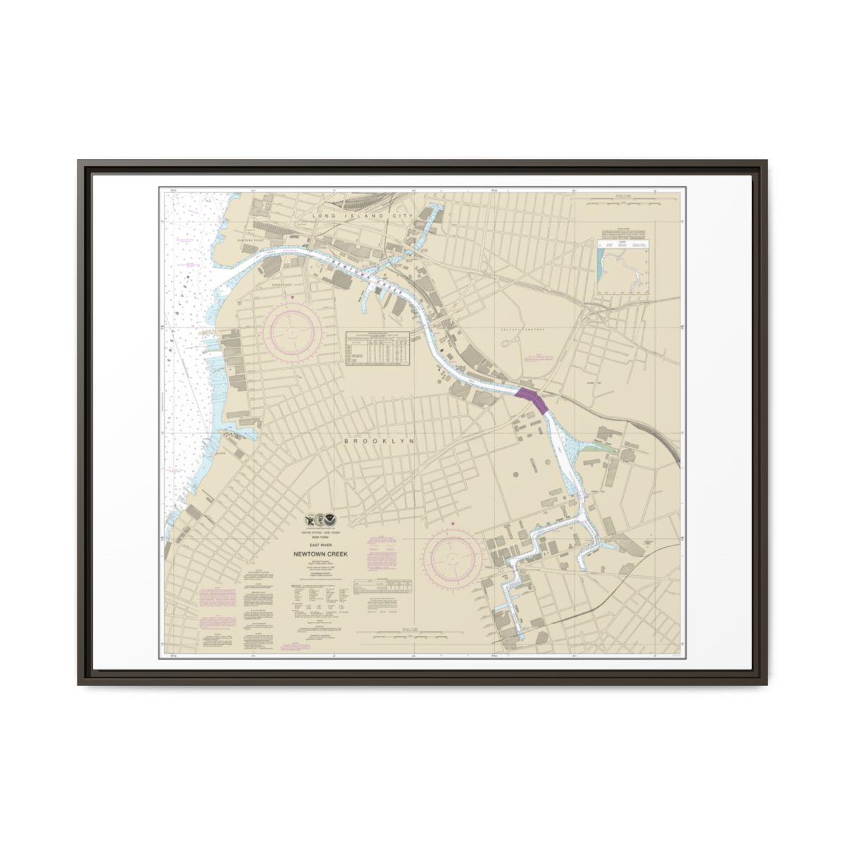 Chart 12338 East River Newtown Creek - NOAA Nautical Chart Floating Frame Canvas | 32" x 24" | 40" x 30" - Espresso front