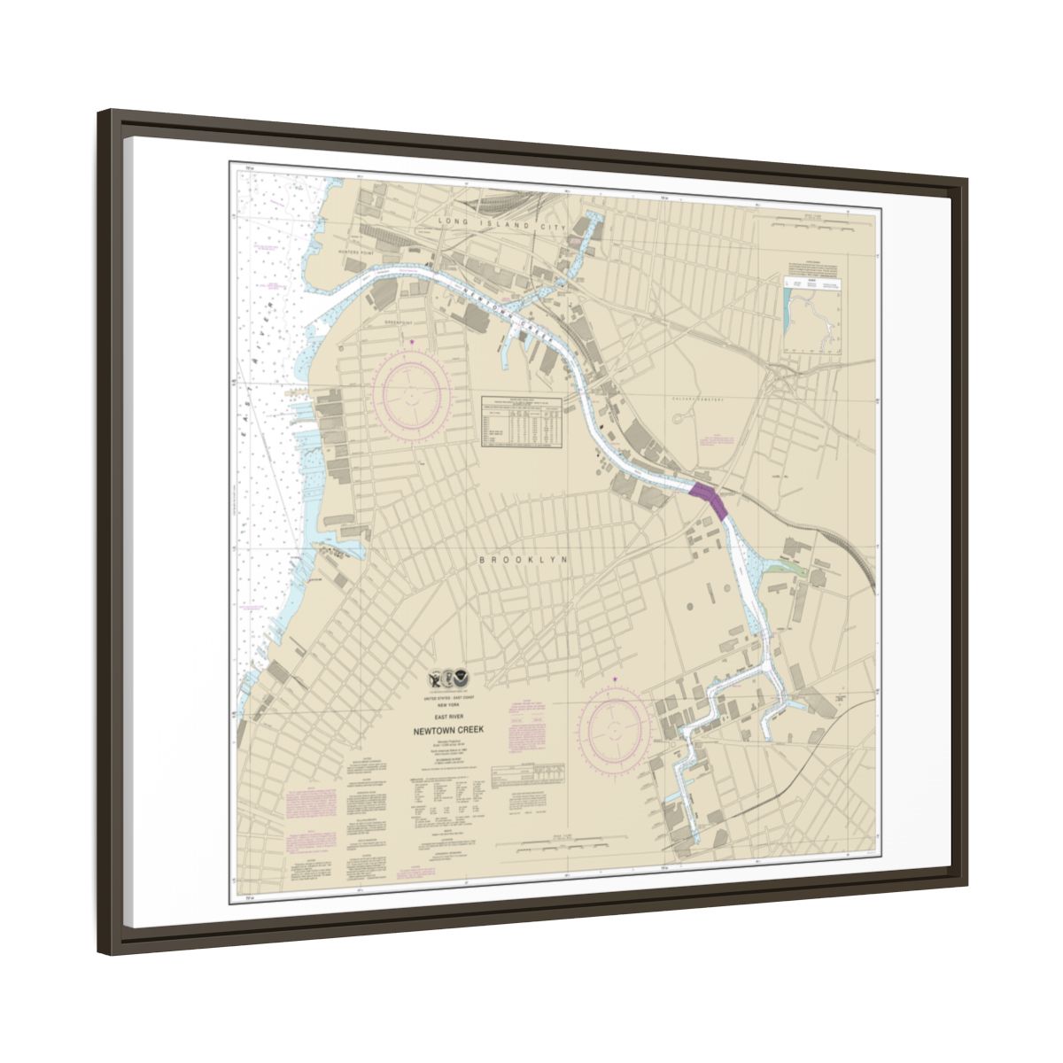 Chart 12338 East River Newtown Creek - NOAA Nautical Chart Floating Frame Canvas | 32" x 24" | 40" x 30" - Espresso side