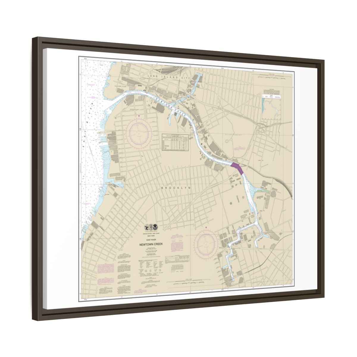 Chart 12338 East River Newtown Creek - NOAA Nautical Chart Floating Frame Canvas | 32" x 24" | 40" x 30" - Espresso side