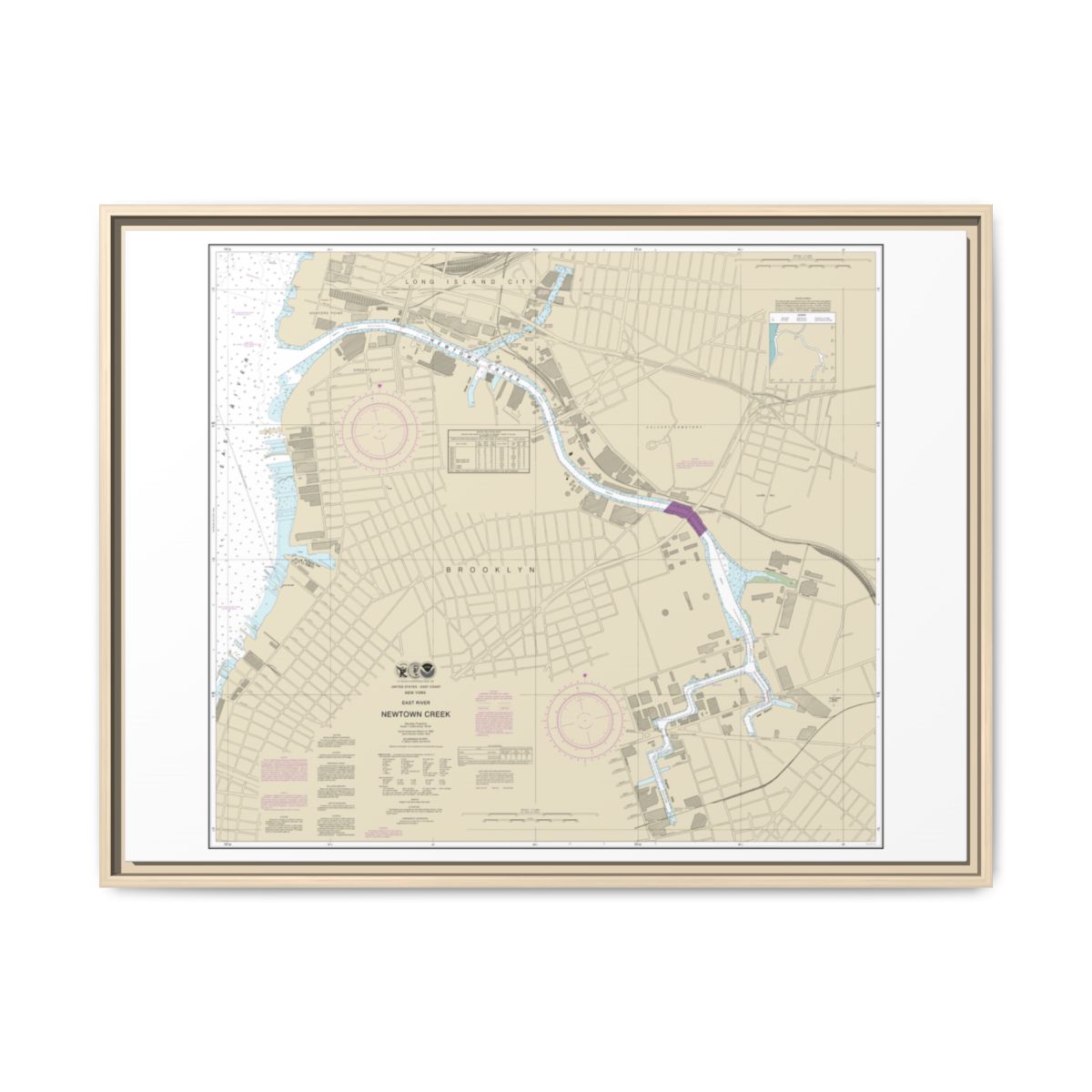 Chart 12338 East River Newtown Creek - NOAA Nautical Chart Floating Frame Canvas | 32" x 24" | 40" x 30" - Natural front