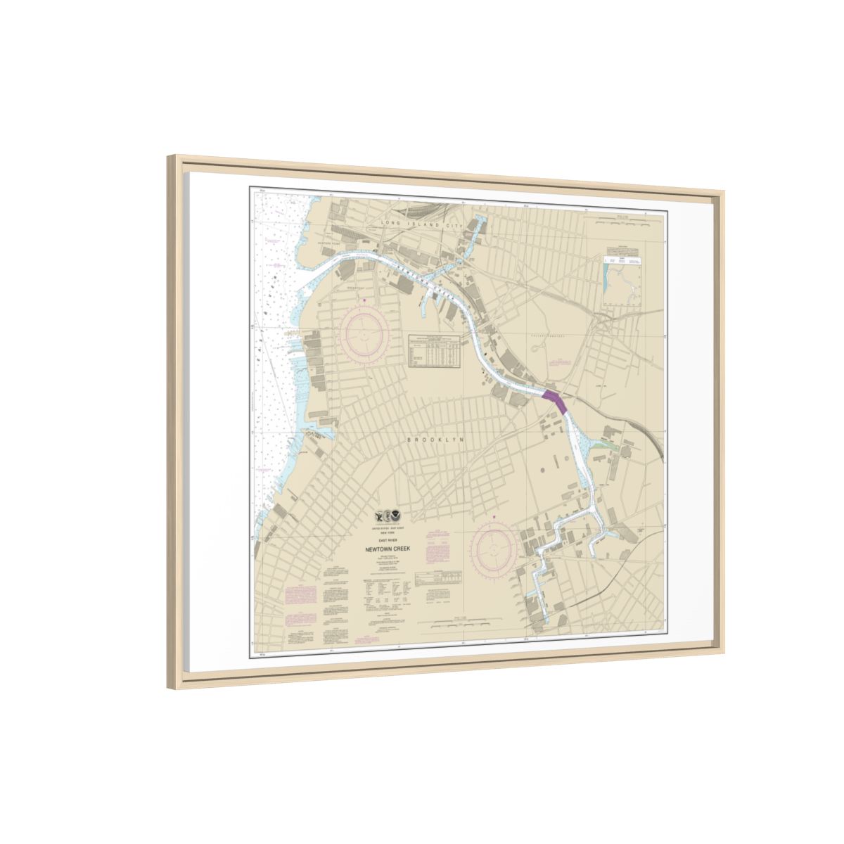 Chart 12338 East River Newtown Creek - NOAA Nautical Chart Floating Frame Canvas | 32" x 24" | 40" x 30" - Natural side