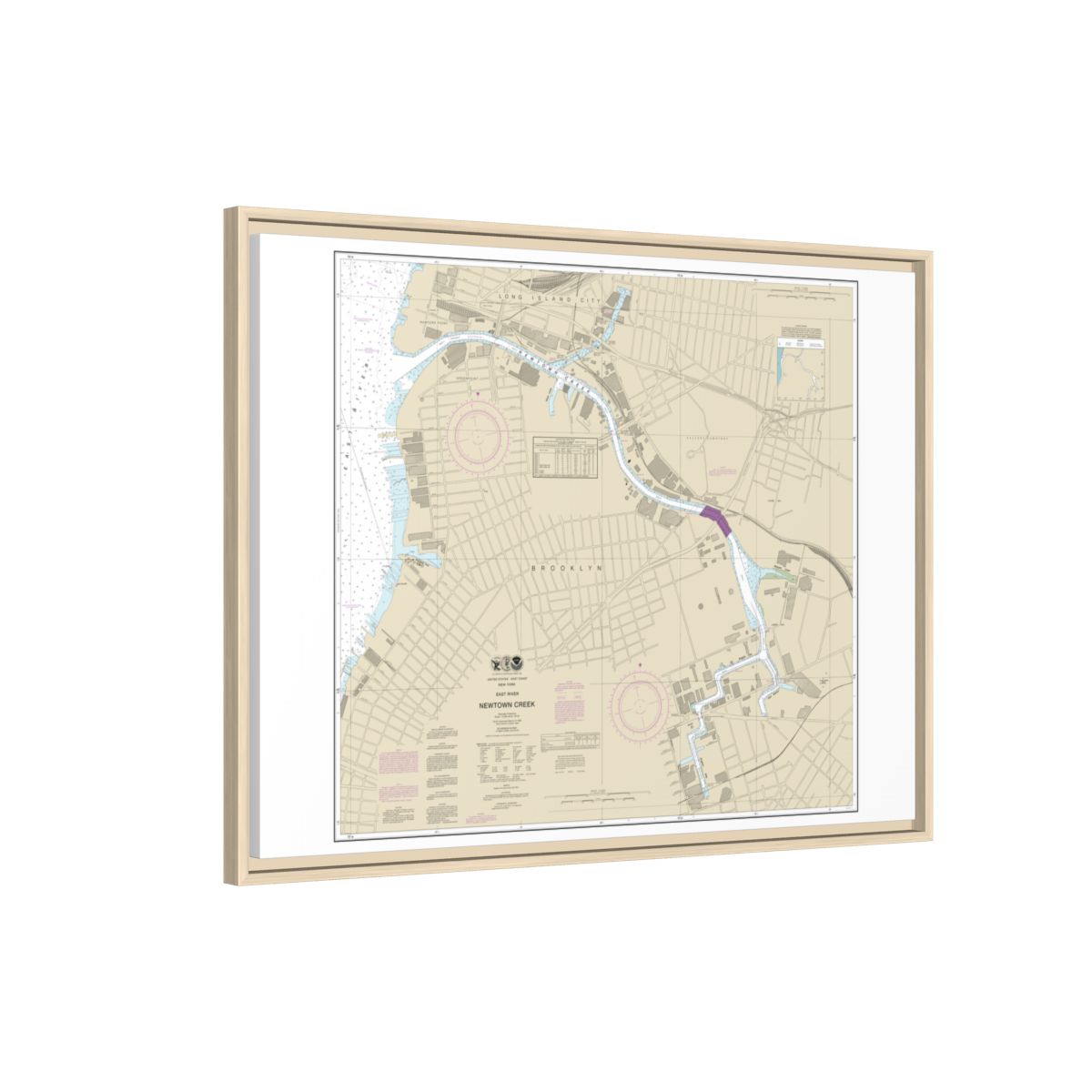 Chart 12338 East River Newtown Creek - NOAA Nautical Chart Floating Frame Canvas | 32" x 24" | 40" x 30" - Natural side