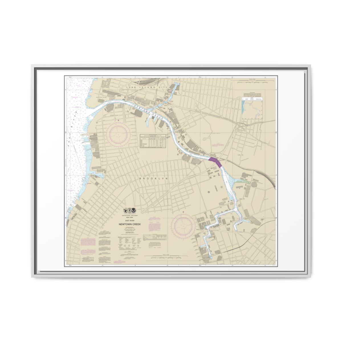 Chart 12338 East River Newtown Creek - NOAA Nautical Chart Floating Frame Canvas | 32" x 24" | 40" x 30" - White front