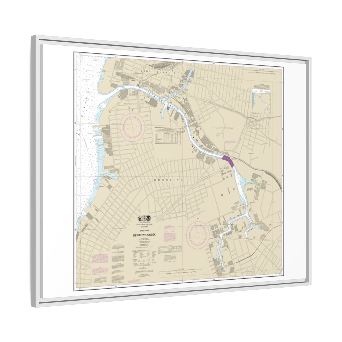 Chart 12338 East River Newtown Creek - NOAA Nautical Chart Floating Frame Canvas | 32" x 24" | 40" x 30" - White side