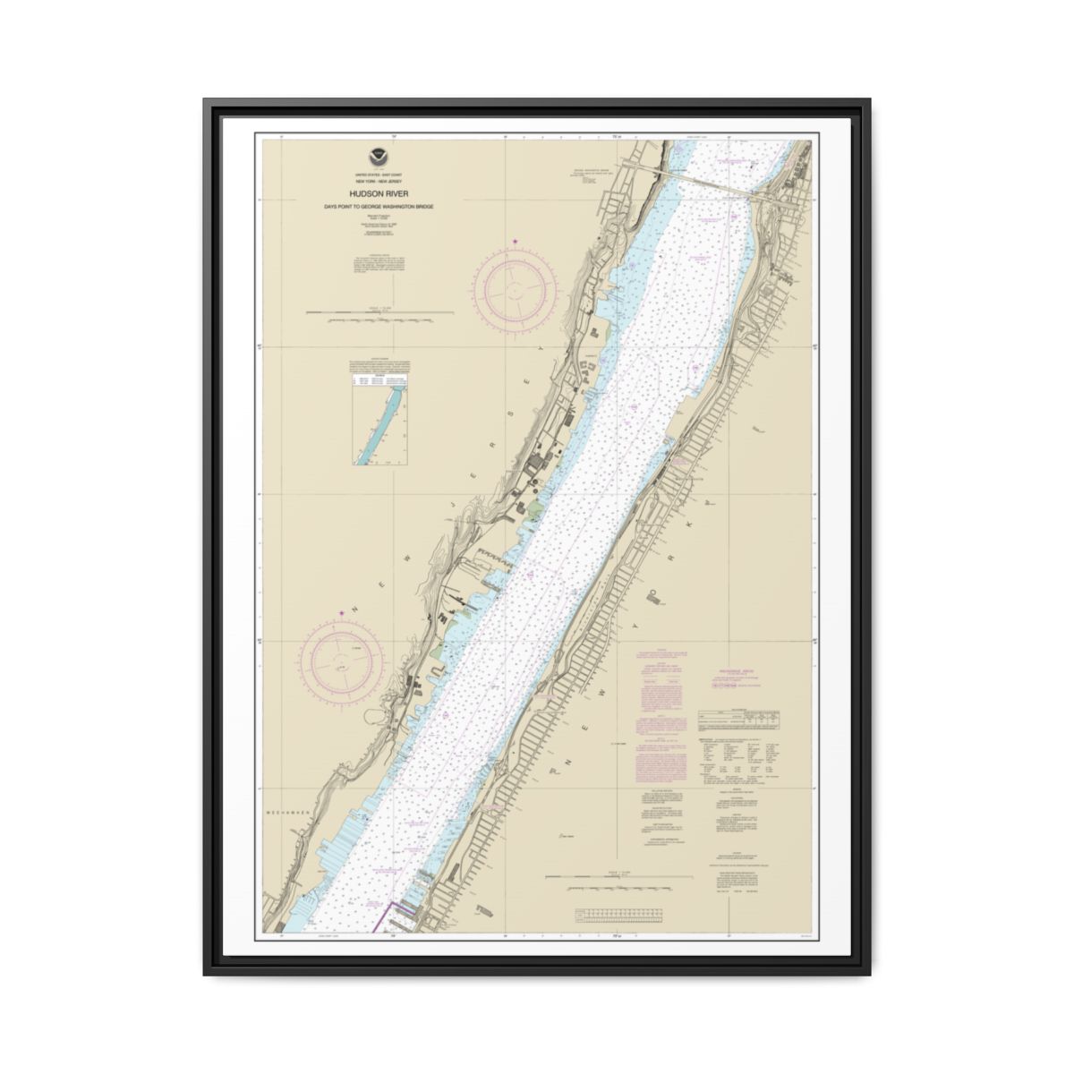 Chart 12341 Hudson River Days Point to George Washington Bridge - NOAA Nautical Chart Floating Frame Canvas | 24" x 32" | 30" x 40" - Black front