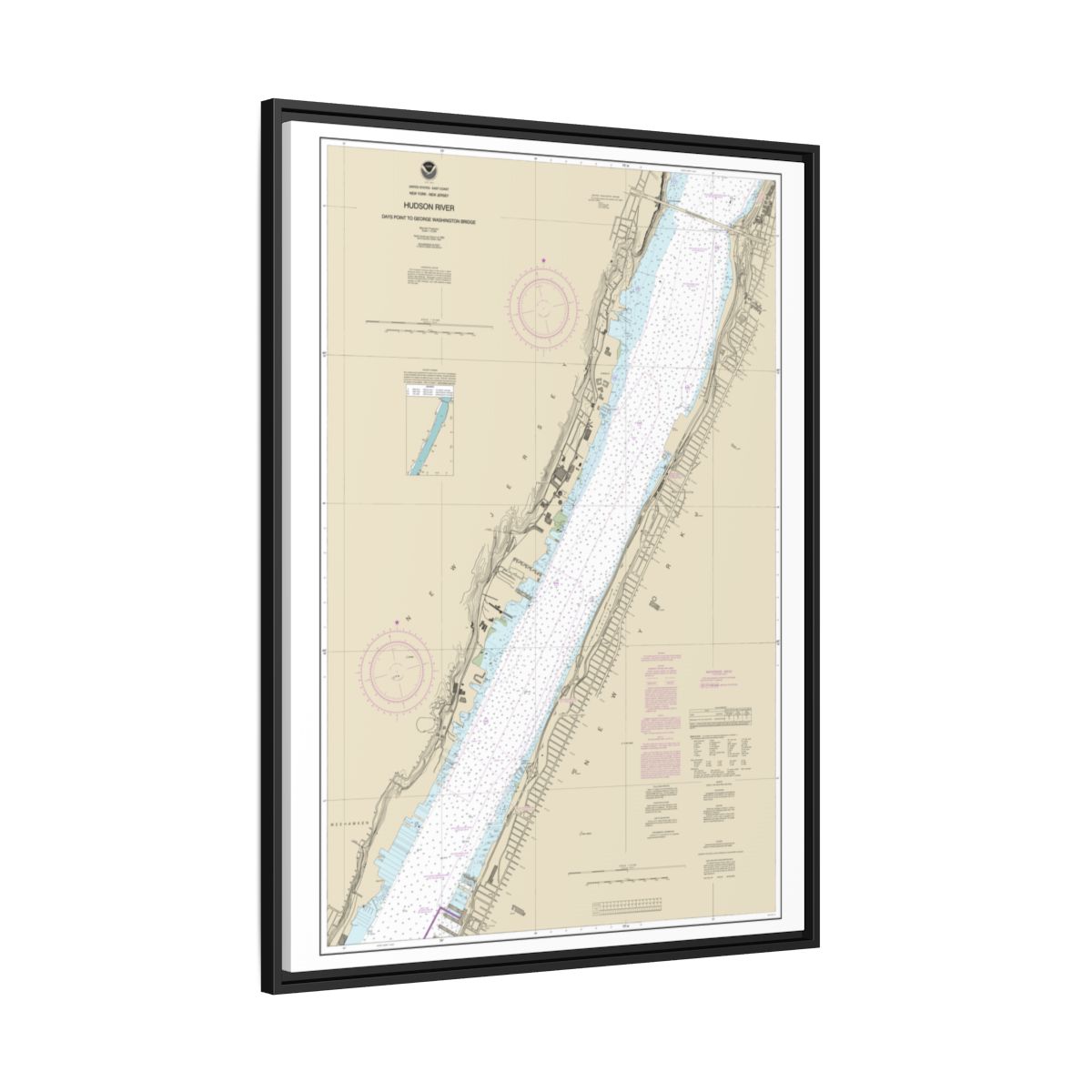 Chart 12341 Hudson River Days Point to George Washington Bridge - NOAA Nautical Chart Floating Frame Canvas | 24" x 32" | 30" x 40" - Black side