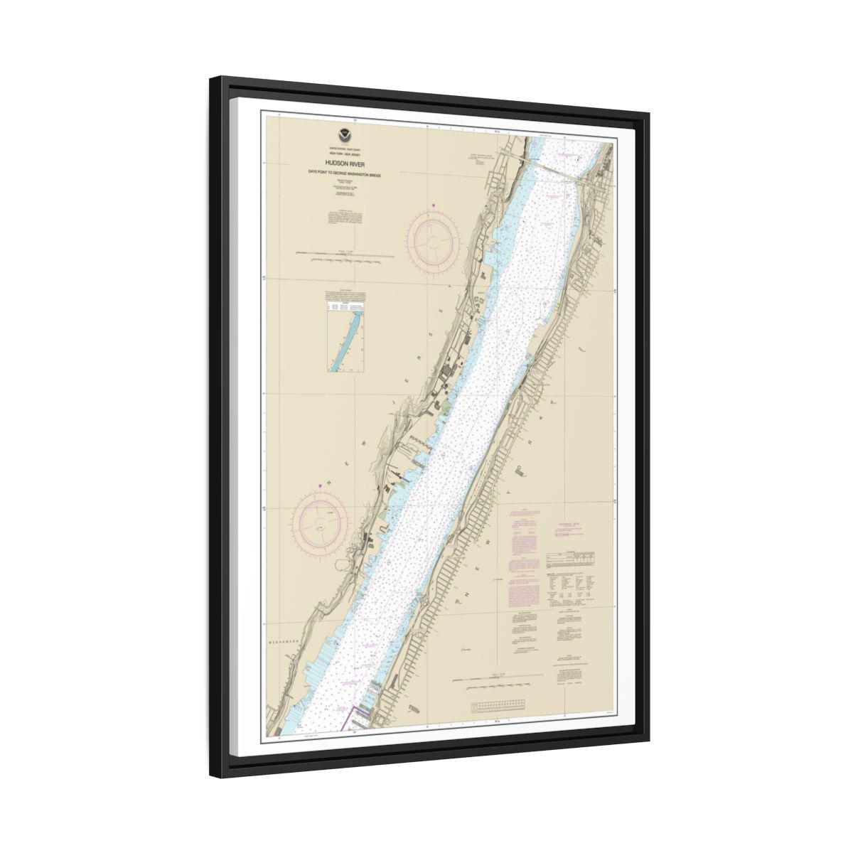 Chart 12341 Hudson River Days Point to George Washington Bridge - NOAA Nautical Chart Floating Frame Canvas | 24" x 32" | 30" x 40" - Black side