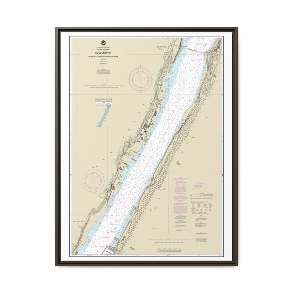 Chart 12341 Hudson River Days Point to George Washington Bridge - NOAA Nautical Chart Floating Frame Canvas | 24" x 32" | 30" x 40" - Espresso front