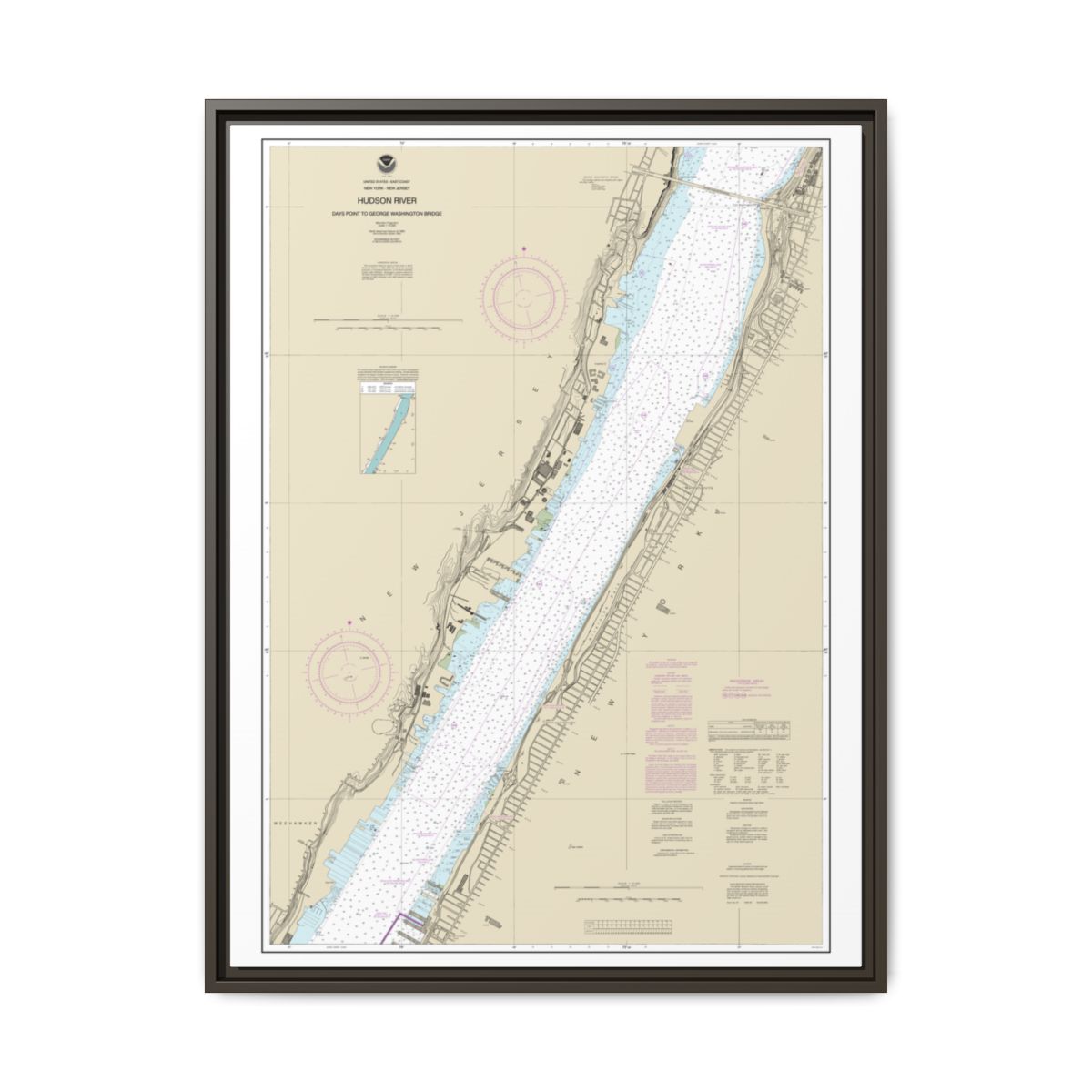 Chart 12341 Hudson River Days Point to George Washington Bridge - NOAA Nautical Chart Floating Frame Canvas | 24" x 32" | 30" x 40" - Espresso front