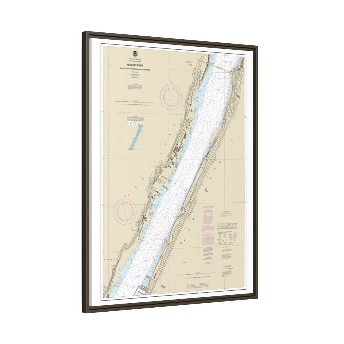 Chart 12341 Hudson River Days Point to George Washington Bridge - NOAA Nautical Chart Floating Frame Canvas | 24" x 32" | 30" x 40" - Espresso side