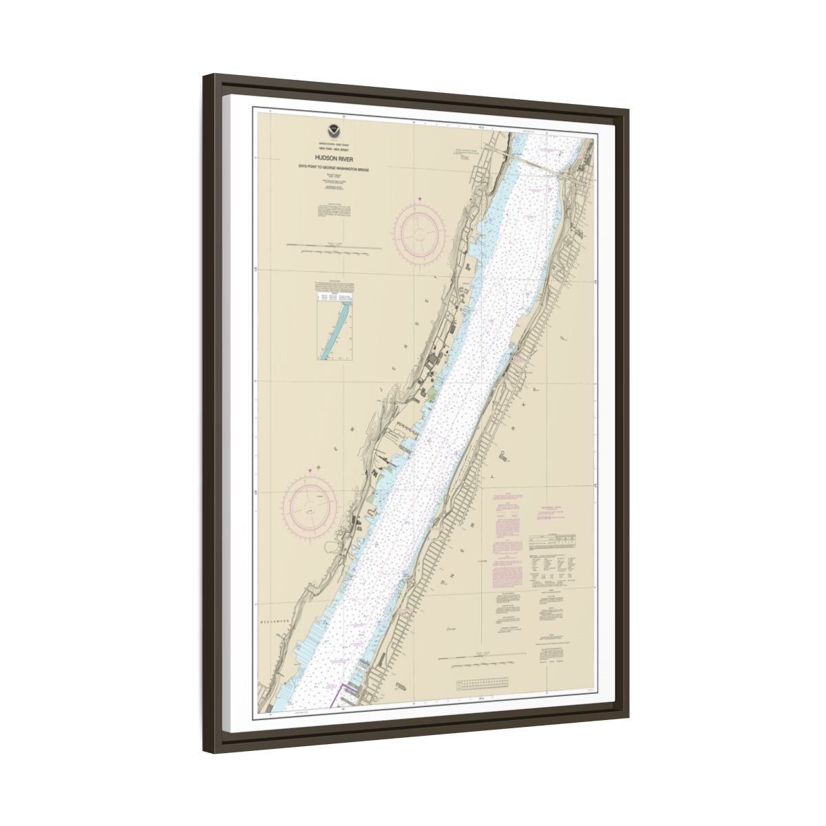 Chart 12341 Hudson River Days Point to George Washington Bridge - NOAA Nautical Chart Floating Frame Canvas | 24" x 32" | 30" x 40" - Espresso side