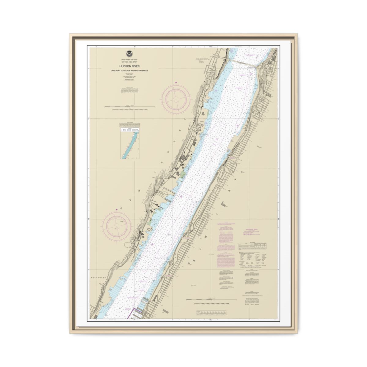 Chart 12341 Hudson River Days Point to George Washington Bridge - NOAA Nautical Chart Floating Frame Canvas | 24" x 32" | 30" x 40" - Natural front