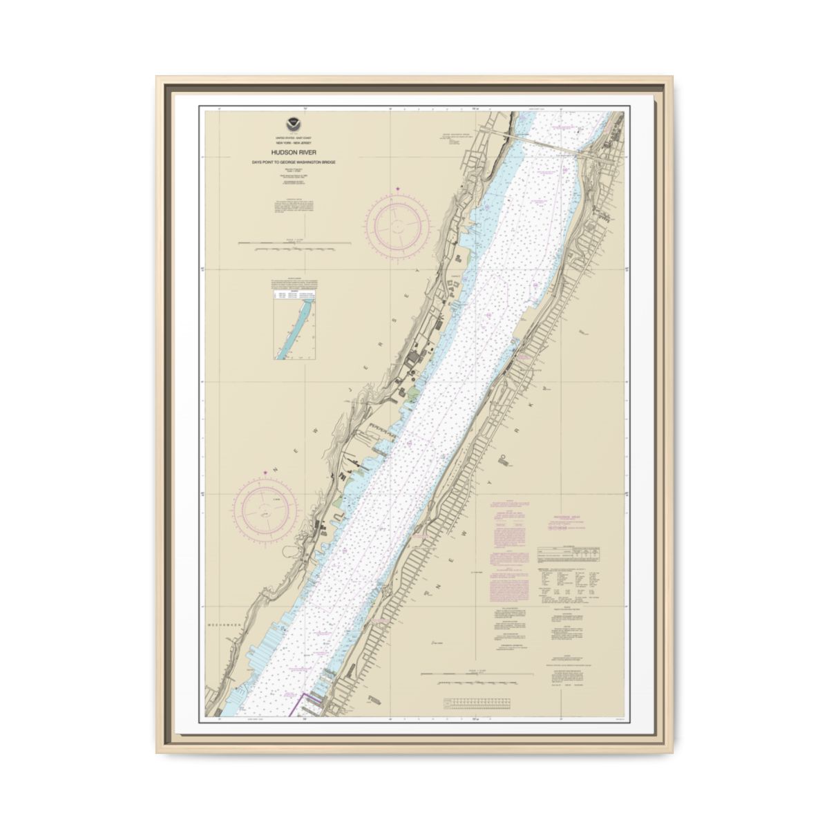 Chart 12341 Hudson River Days Point to George Washington Bridge - NOAA Nautical Chart Floating Frame Canvas | 24" x 32" | 30" x 40" - Natural front