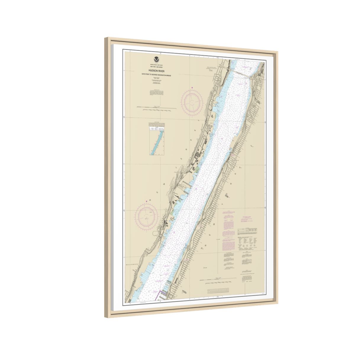 Chart 12341 Hudson River Days Point to George Washington Bridge - NOAA Nautical Chart Floating Frame Canvas | 24" x 32" | 30" x 40" - Natural side