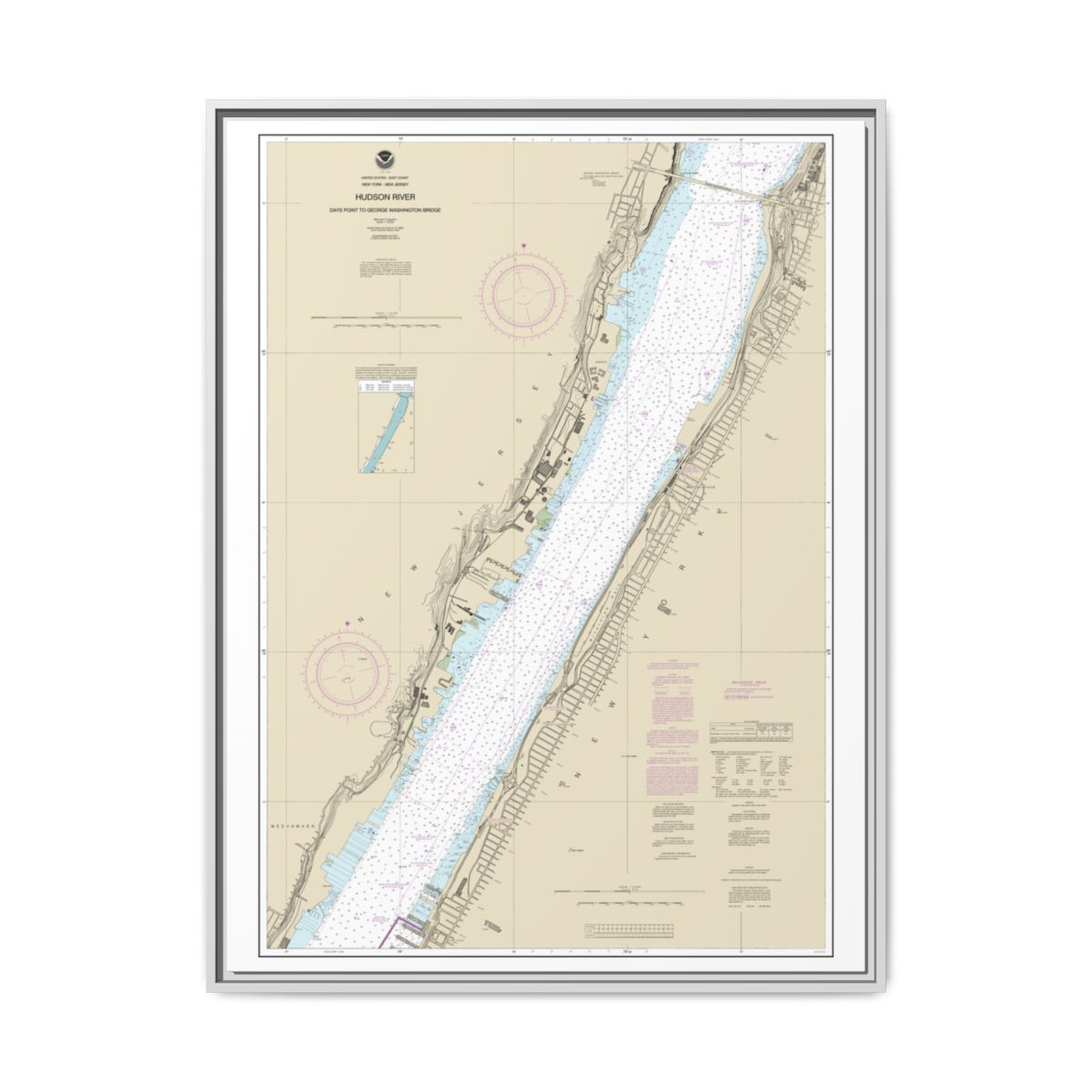 Chart 12341 Hudson River Days Point to George Washington Bridge - NOAA Nautical Chart Floating Frame Canvas | 24" x 32" | 30" x 40" - White front