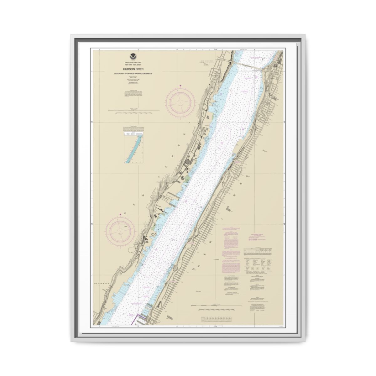 Chart 12341 Hudson River Days Point to George Washington Bridge - NOAA Nautical Chart Floating Frame Canvas | 24" x 32" | 30" x 40" - White front