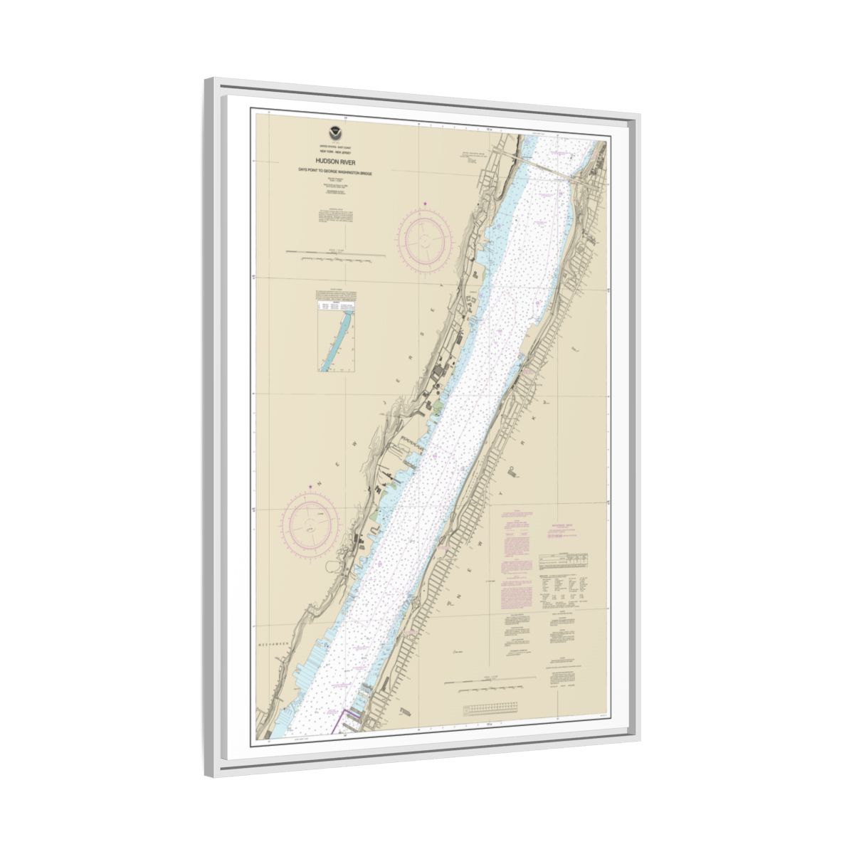 Chart 12341 Hudson River Days Point to George Washington Bridge - NOAA Nautical Chart Floating Frame Canvas | 24" x 32" | 30" x 40" - White side